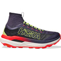 HOKA Tecton X 3 men's trail running shoe in Squid Ink / Neon Flame — outer view showing squid ink Matryx® textile upper with neon flame accent detailing, ghillie lace construction and Vibram® Megagrip Litebase outsole profile