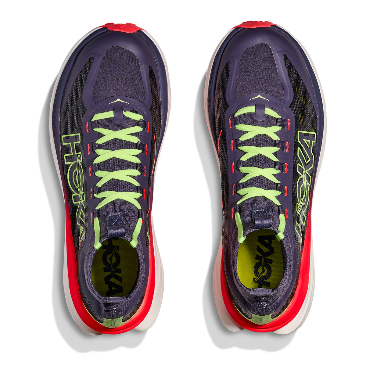 HOKA Tecton X 3 men's trail running shoe in Squid Ink / Neon Flame — top-down view showing squid ink Matryx® textile upper, gaiter-like extended knit collar, ghillie lace construction and neon flame accent detailing