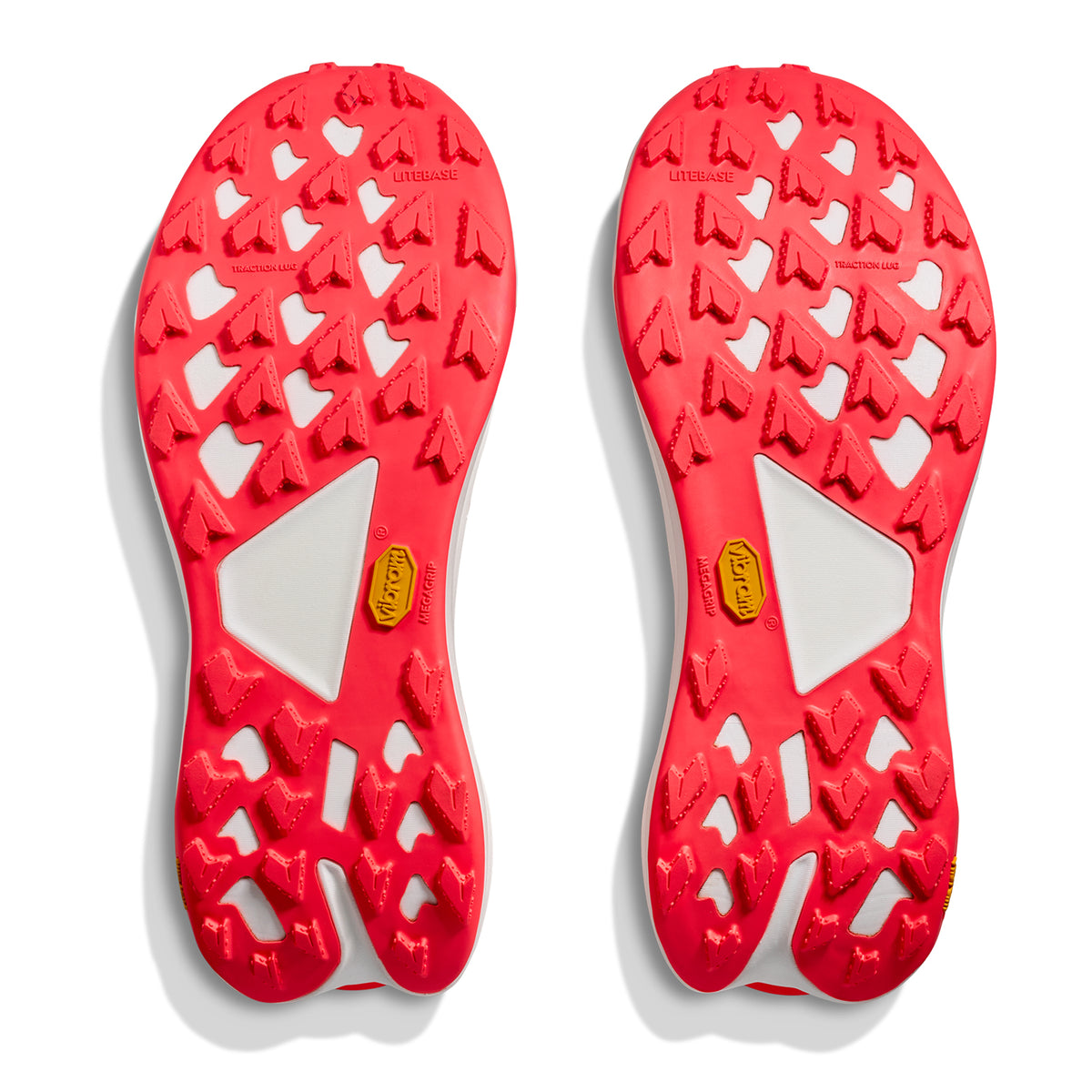 HOKA Tecton X 3 men's trail running shoe in Squid Ink / Neon Flame — outsole view showing Vibram® Megagrip Litebase tread pattern with 4mm Traction Lugs and neon flame dual-layer PEBA midsole stack