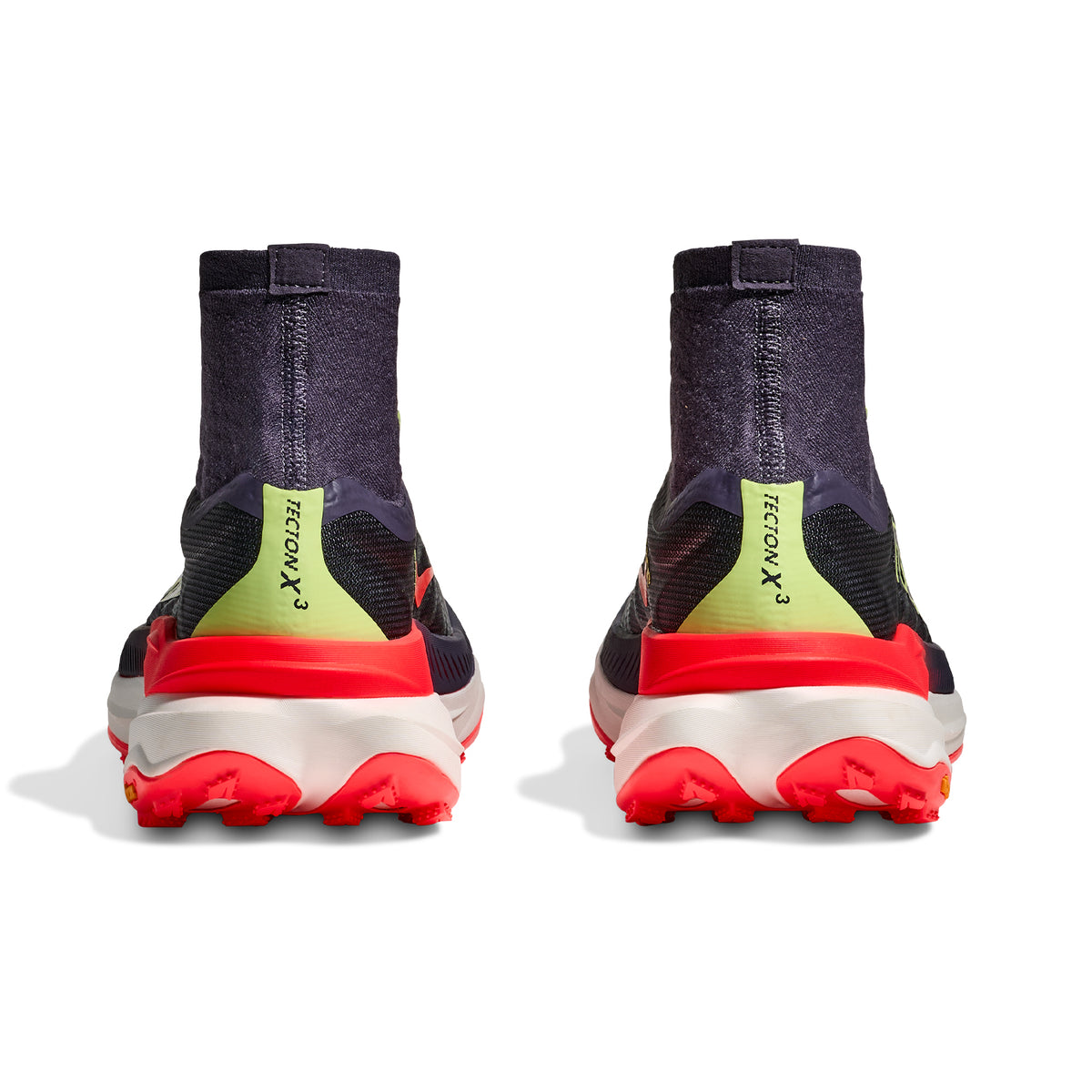 HOKA Tecton X 3 men's trail running shoe in Squid Ink / Neon Flame — heel view showing gaiter-like extended knit collar, MetaRocker™ heel geometry and neon flame dual-layer PEBA midsole contrast