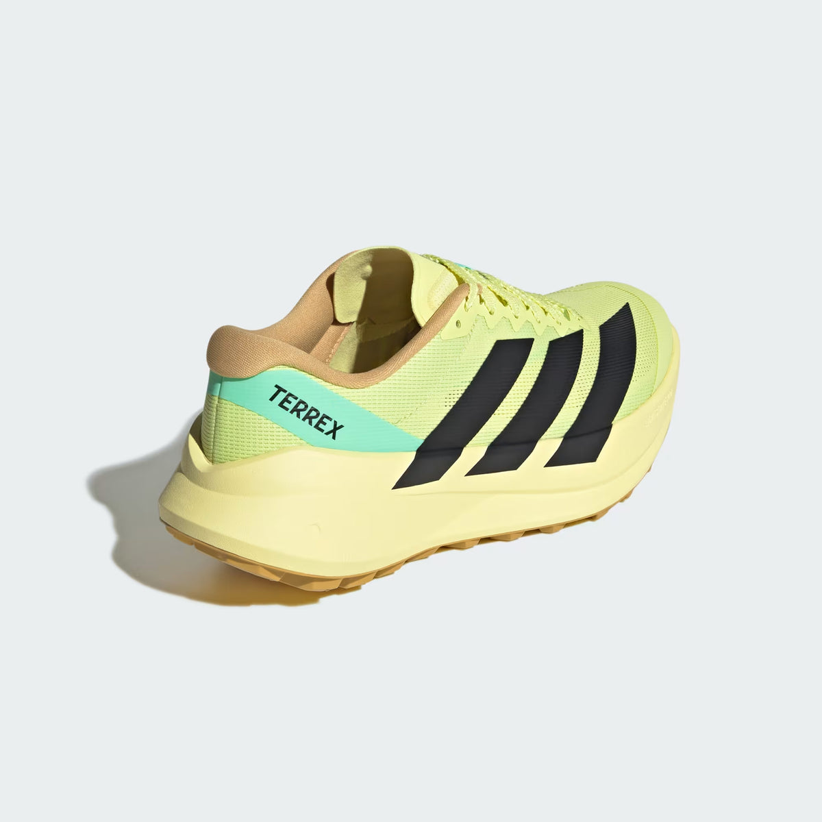Men's adidas Terrex Agravic SL Trail Running Shoes Frozen Lemon Core Black Pulse Mint heel view showing LIGHTSTRIKE PRO midsole with dynamic rocker and internal trail reinforcements for stability