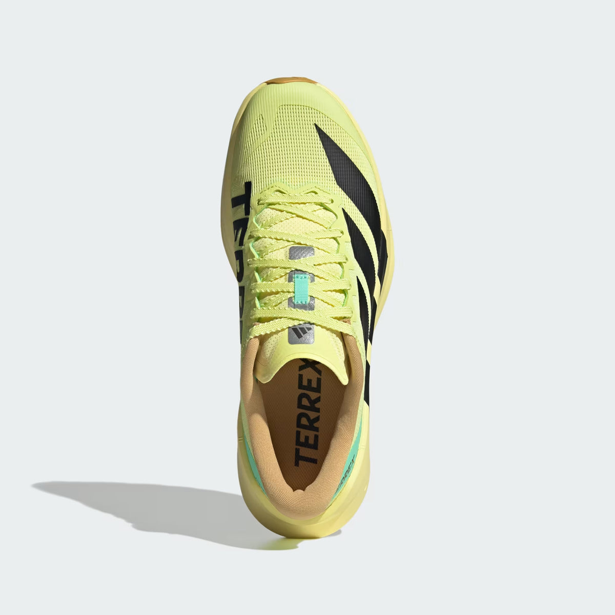 Men's adidas Terrex Agravic SL Trail Running Shoes Frozen Lemon Core Black Pulse Mint top view showing engineered mesh upper with durable TPU overlays and elastic tongue wings for breathable trail running