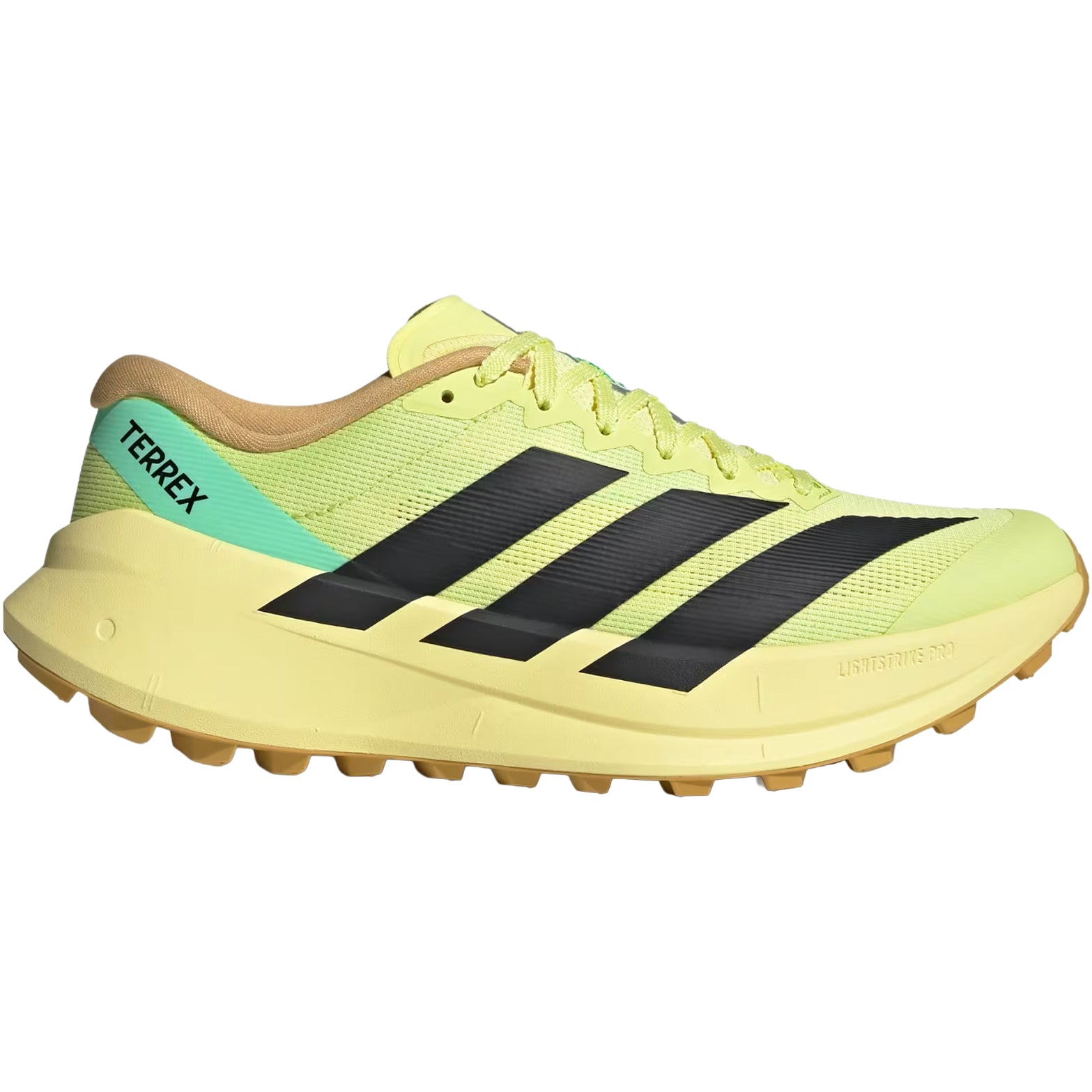 Men's adidas Terrex Agravic SL Trail Running Shoes Frozen Lemon Core Black Pulse Mint outer side view showing LIGHTSTRIKE PRO midsole with dynamic rocker design and Continental rubber outsole for responsive trail running