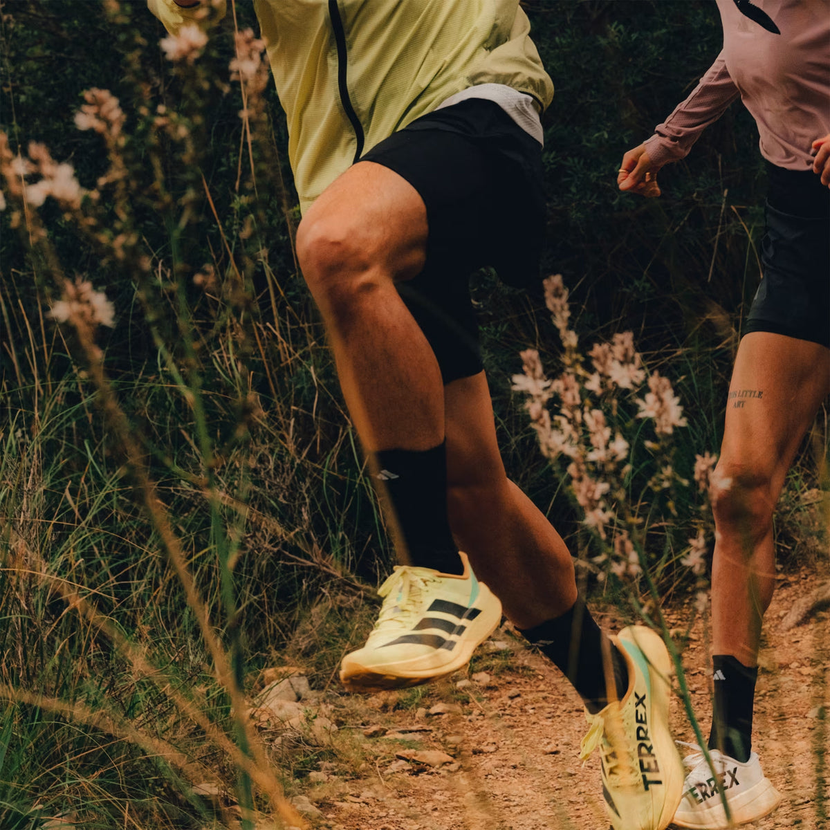 Men's adidas Terrex Agravic SL Trail Running Shoes Frozen Lemon Core Black Pulse Mint on male runner in motion on trail showing LIGHTSTRIKE PRO responsive cushioning with Continental rubber traction and dynamic rocker for confident technical trail running