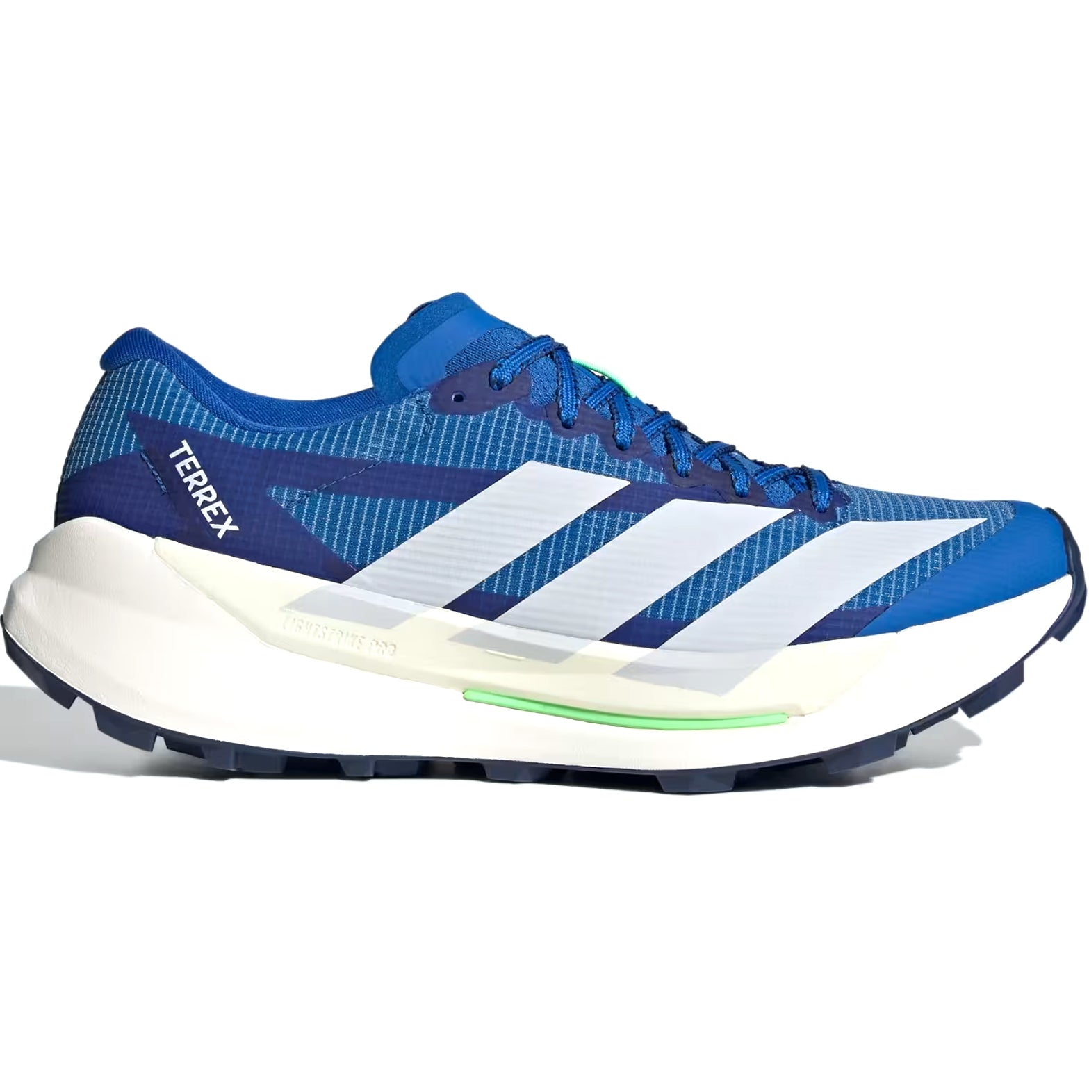 Men's adidas Terrex Agravic TT Trail Running Shoes Blue Dash Grey Lime Burst outer side view showing LIGHTSTRIKE PRO cushioning with reinforced durable mesh for technical trail running