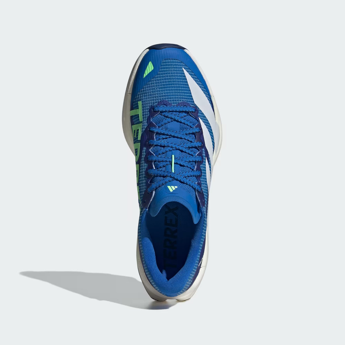 Men's adidas Terrex Agravic TT Trail Running Shoes Blue Dash Grey Lime Burst top view showing ultra-tough reinforced mesh upper with lace closure for secure fit on challenging trails