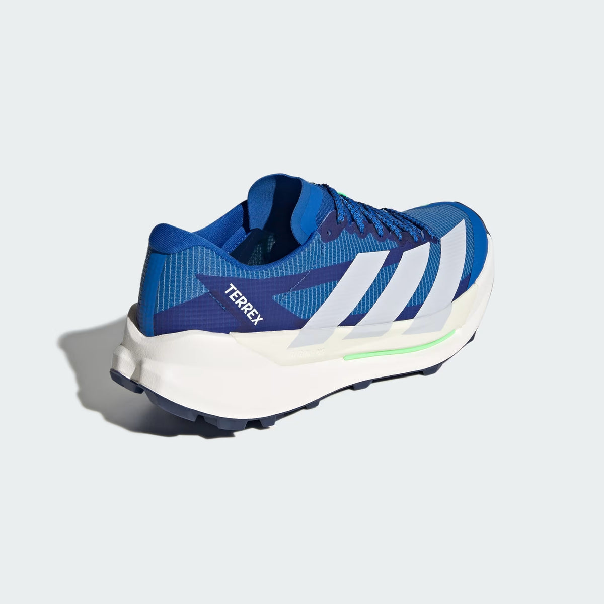Men's adidas Terrex Agravic TT Trail Running Shoes Blue Dash Grey Lime Burst heel view showing LIGHTSTRIKE PRO super-light cushioning with reinforced upper for trail racing performance