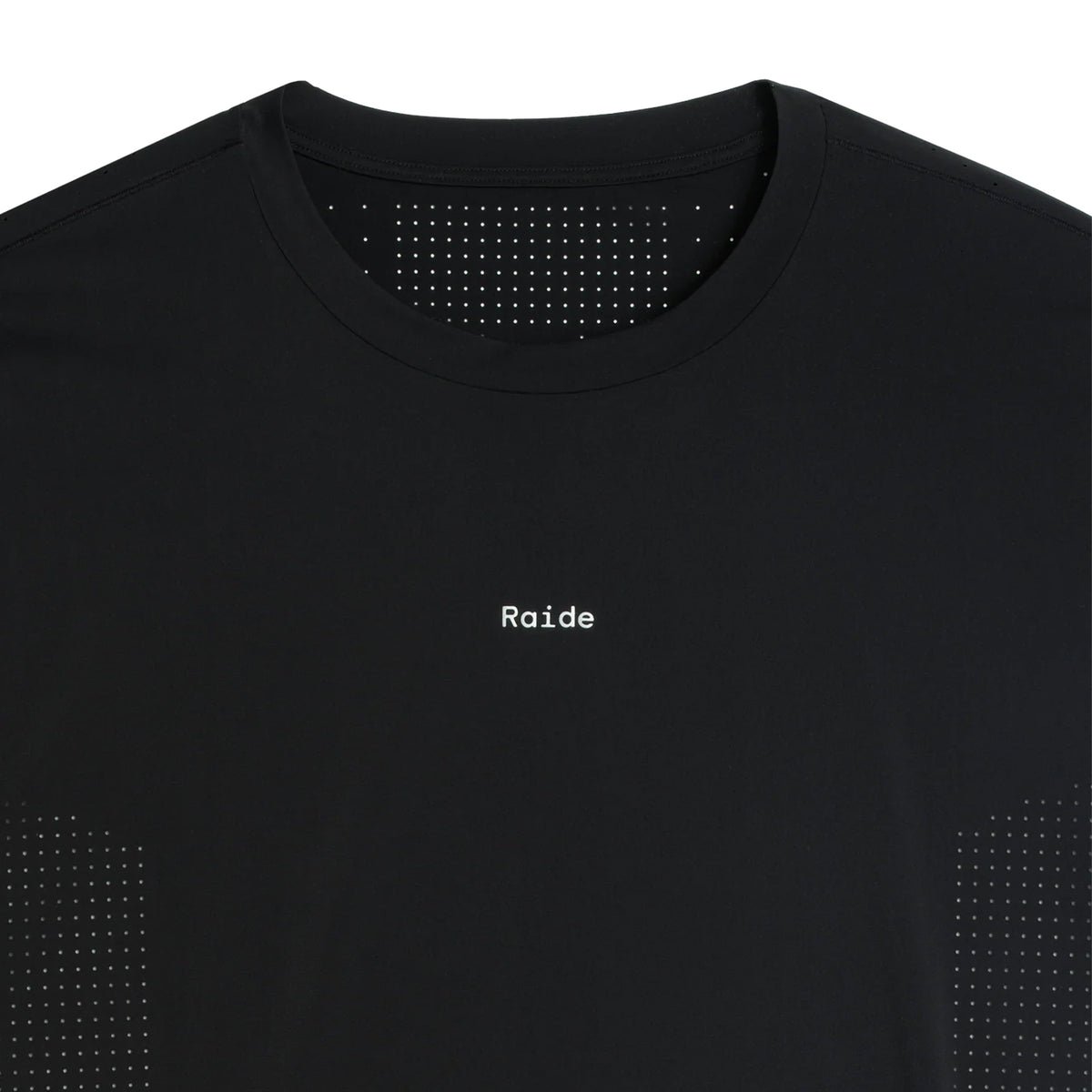Men's Raide Thermal Dispersion Tee Black close-up of front showing reflective Raide branding with body-mapped laser-cut perforations and cool-to-touch 115gsm Italian-knit microfibre construction