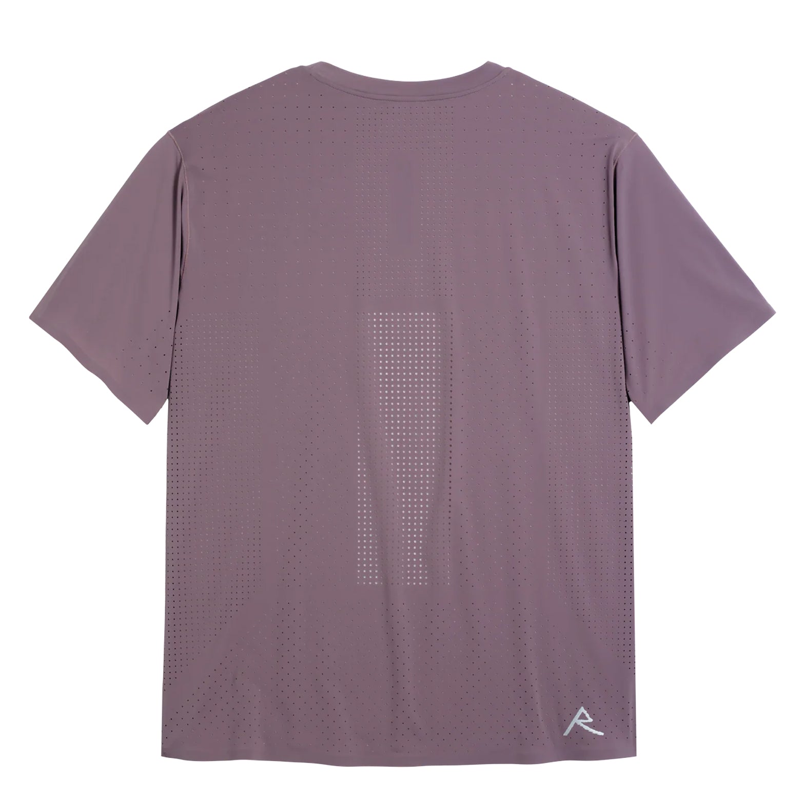 Men's Raide Thermal Dispersion Tee Dusk back product view showing densely perforated centre back zone with body-mapped laser-cut ventilation for maximum evaporative cooling during running