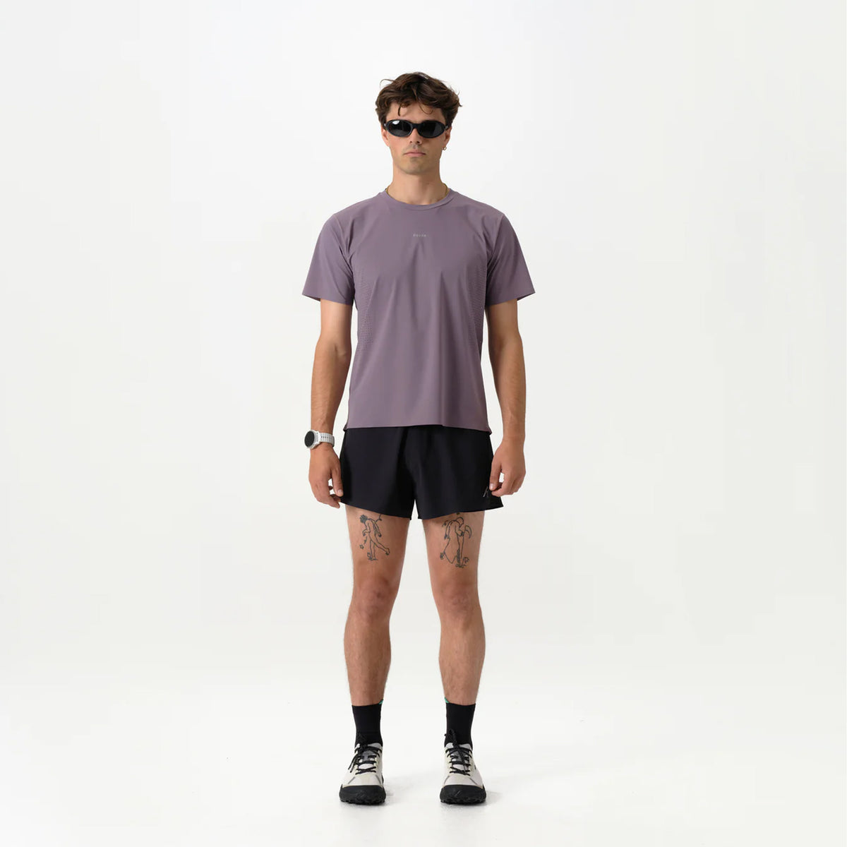 Men's Raide Thermal Dispersion Tee Dusk front full body view on male runner showing cool-to-touch Italian microfibre with four-way stretch and body-mapped perforations for lightweight warm weather training