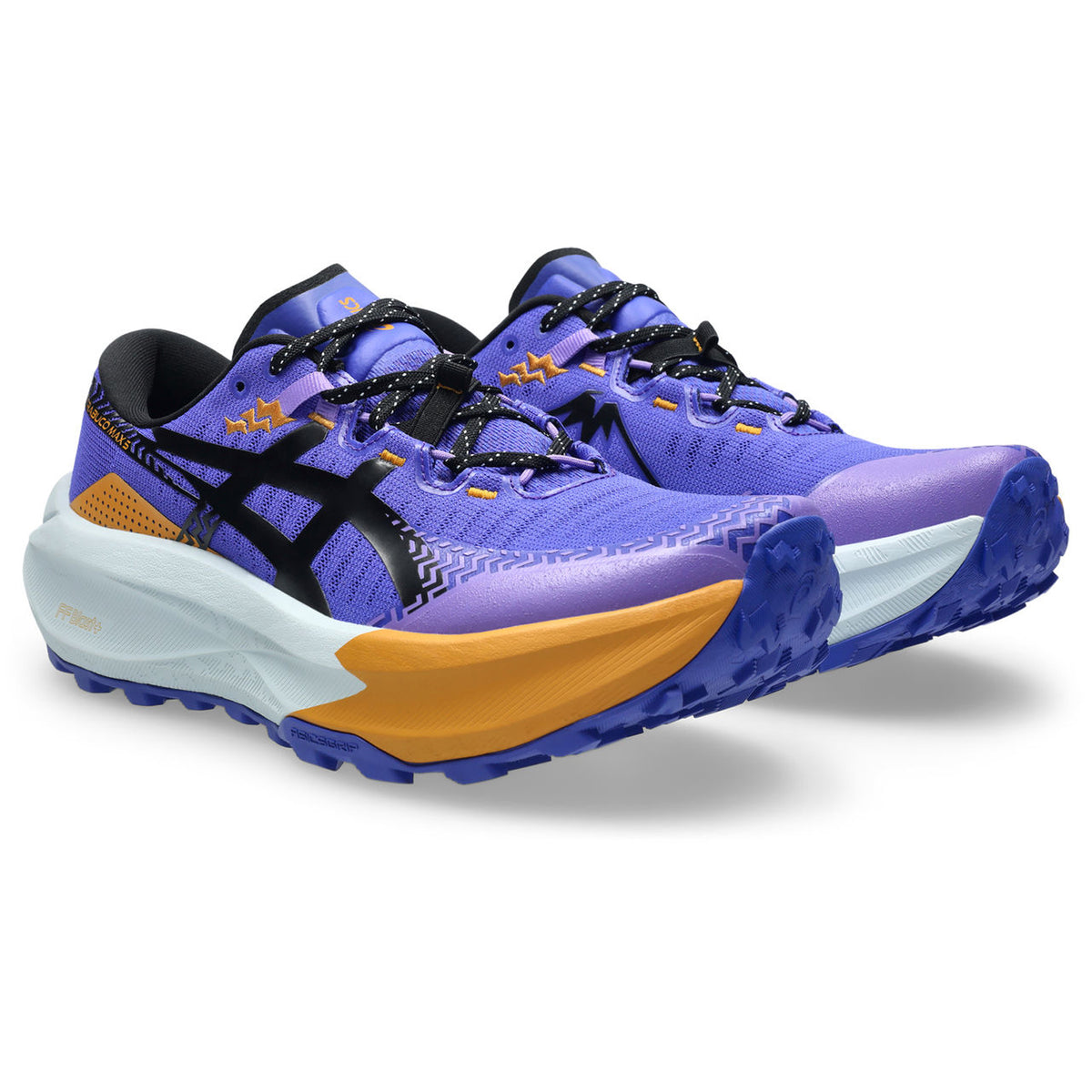 A pair of purple, orange, and black trail running shoes with blue soles, featuring a mesh upper, textured tread, and visible laces, positioned diagonally on a white background.