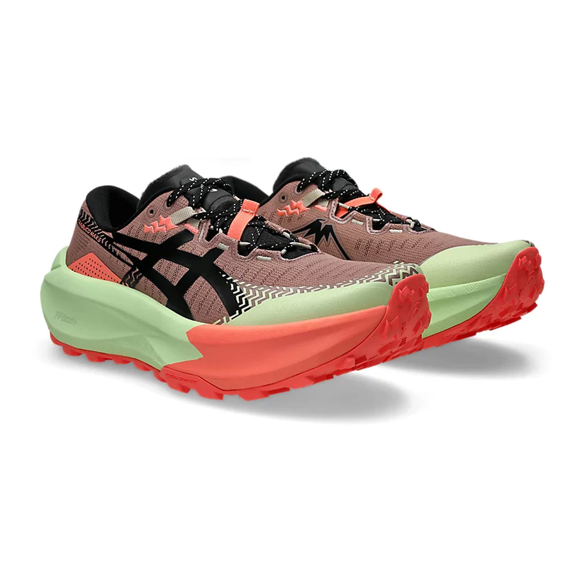 ASICS TRABUCO MAX 5 men's trail running shoe in Umeboshi / Black — angled side view showing umeboshi water-repellent engineered mesh upper, GUIDESOLE curved sole design and black FF BLAST PLUS midsole stack for trail terrain efficiency