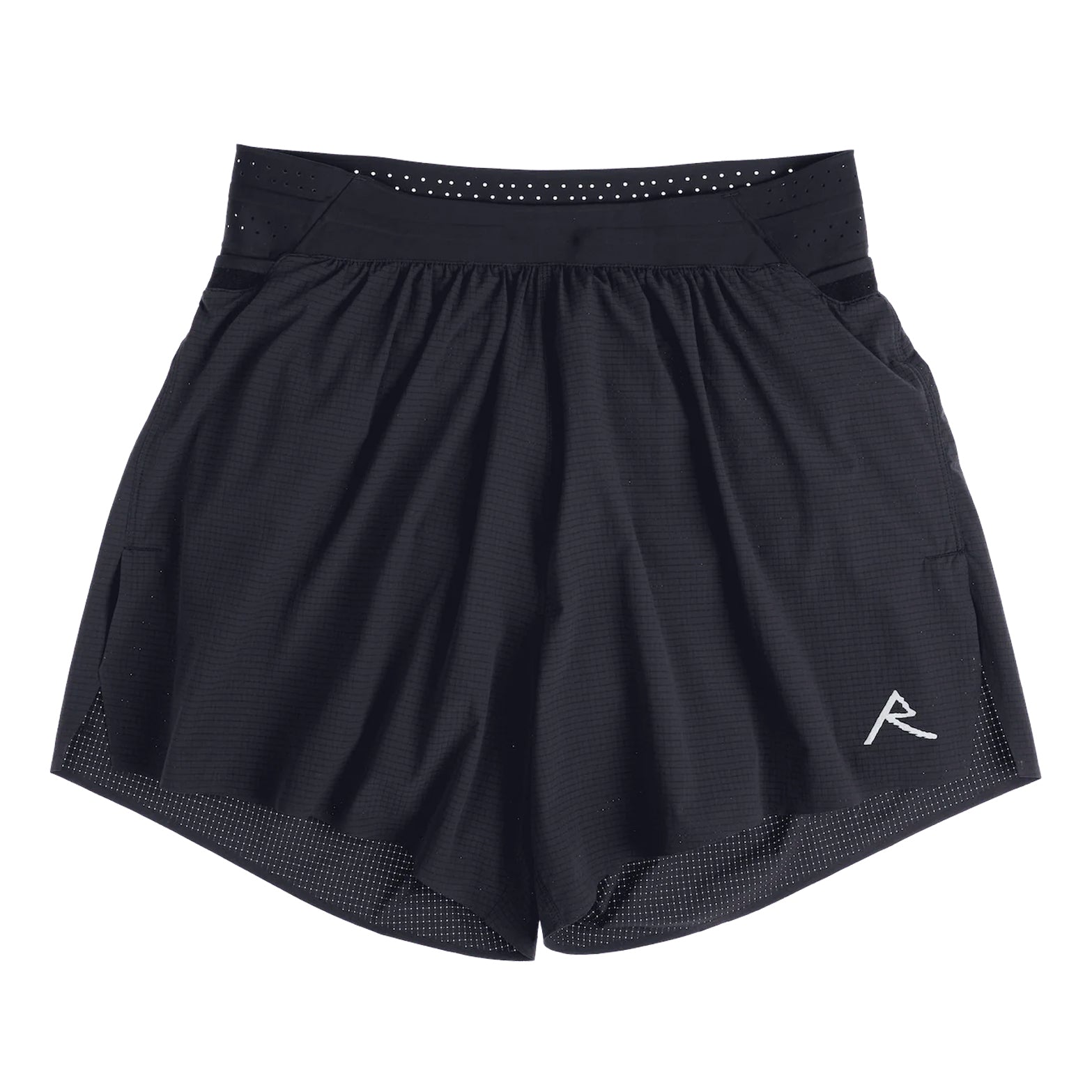 Raide TrailTech Short men's in Black — front product shot showing 5.25 inch silhouette, laser-perforated waistband, large pocket placement and Toray DotAir outer construction