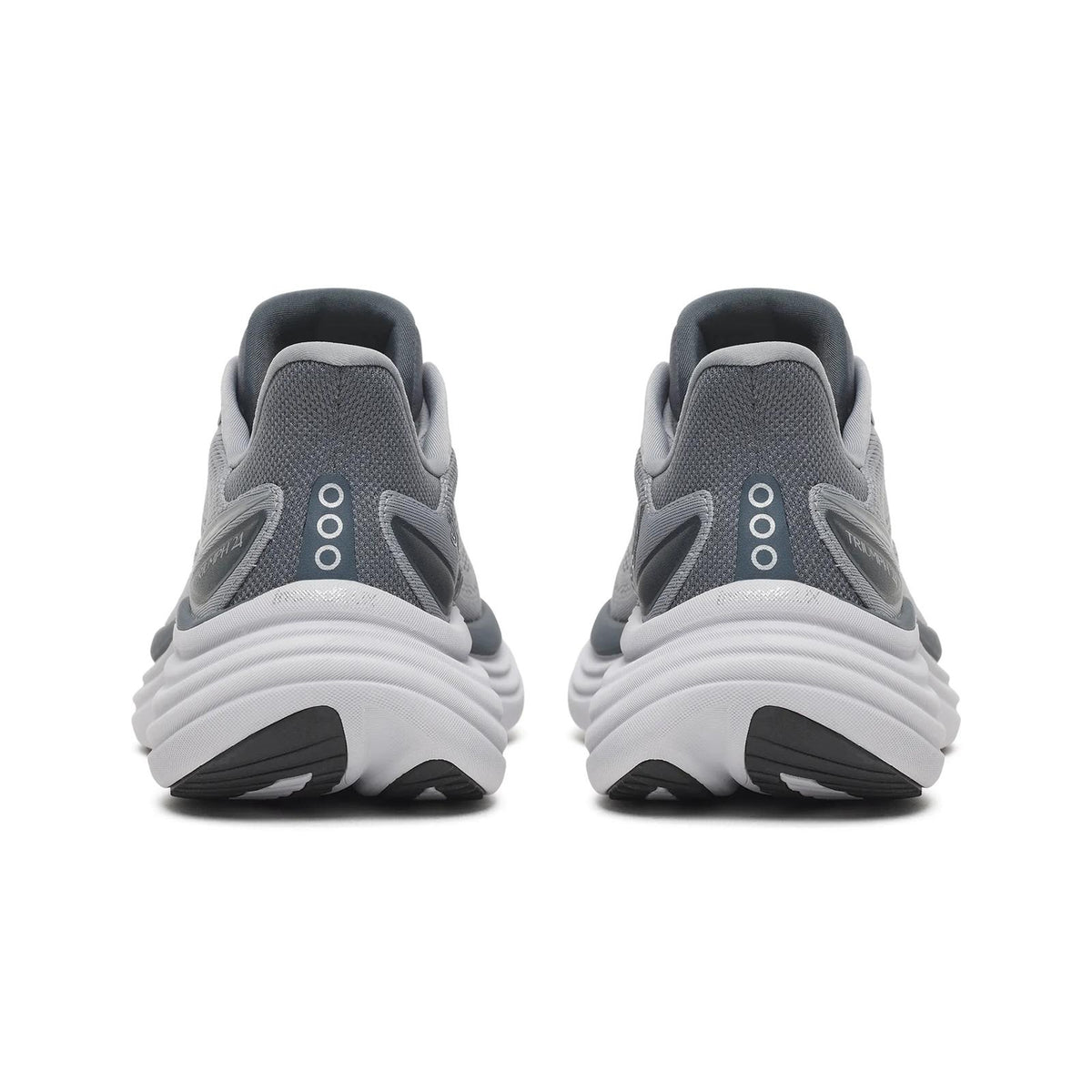 Men's Saucony Triumph 24 Running Shoes Fossil Gunmetal heel view showing thick incrediLUX foam stack for premium cushioning and lightweight comfort during long runs