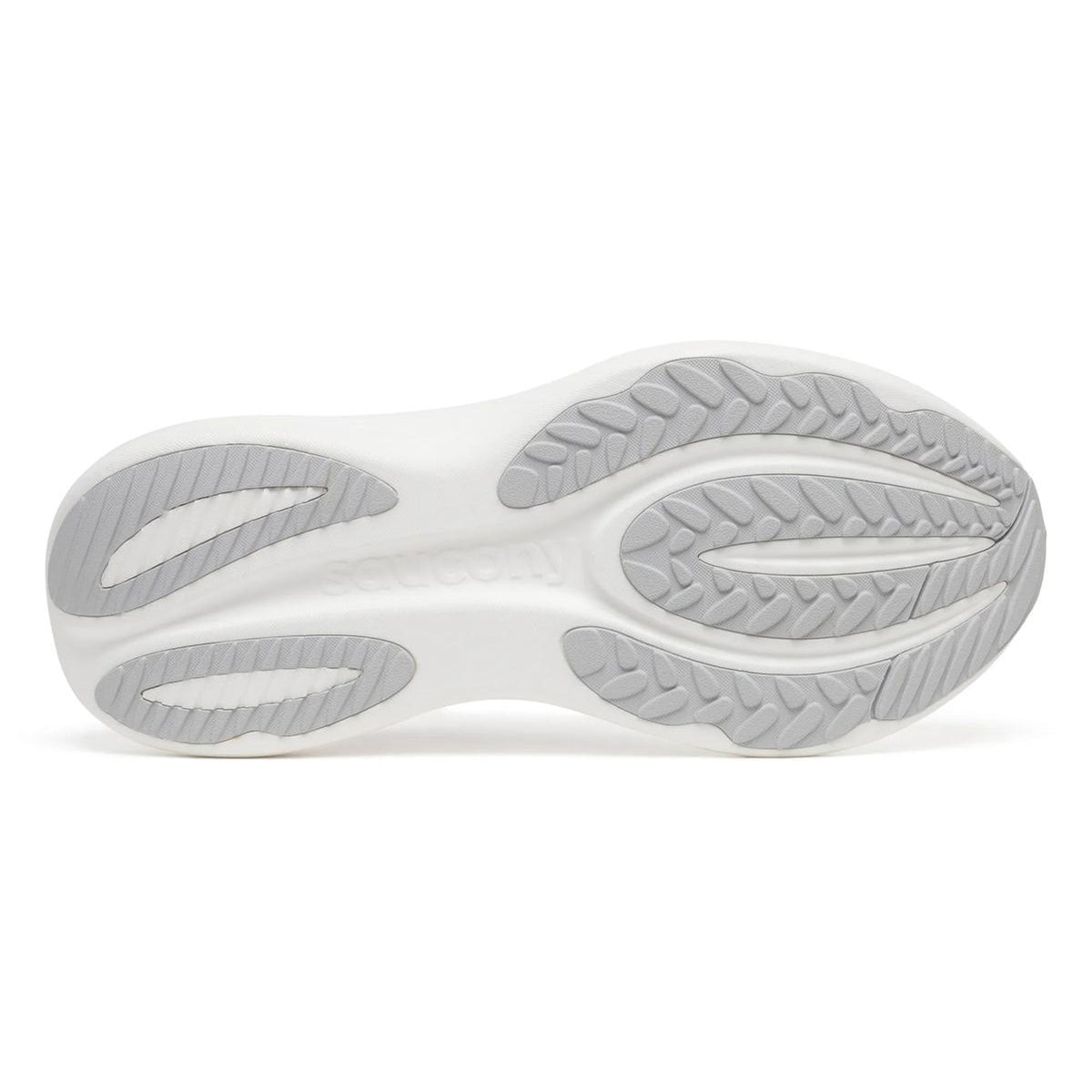 Featuring a white sole with gray textured rubber tread patterns for enhanced grip, the Men’s Triumph 24 Running Shoes White / Silver offer curved lines and grooves for superior traction and flexibility. The advanced incrediLUX foam ensures premium cushioning with every step, while the Saucony logo appears subtly in the arch area—showcasing a signature feature of the Triumph 24.