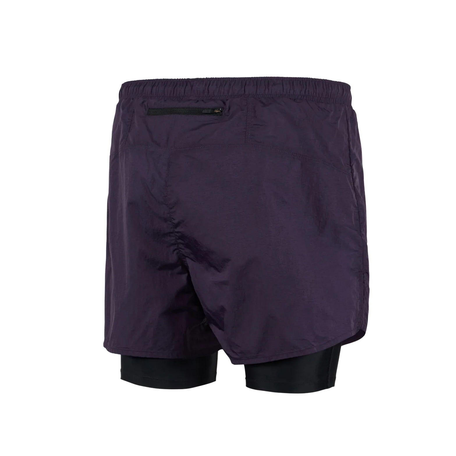 District Vision Men's Ultralight Nylon Trail Short Nightshade Black back view showing secure rear technical zip pocket and substantial drawcords with recycled liner construction