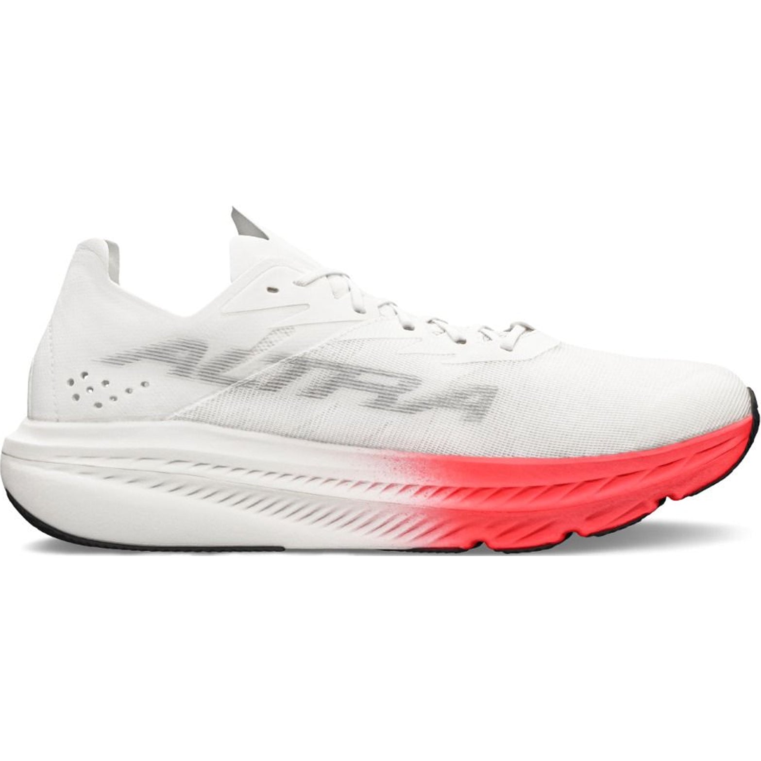 Men's Altra Vanish Carbon 2 Running Shoes White Red outer side view showing full-length carbon fibre plate with 36mm stack Altra EGO PRO foam and zero drop for natural racing