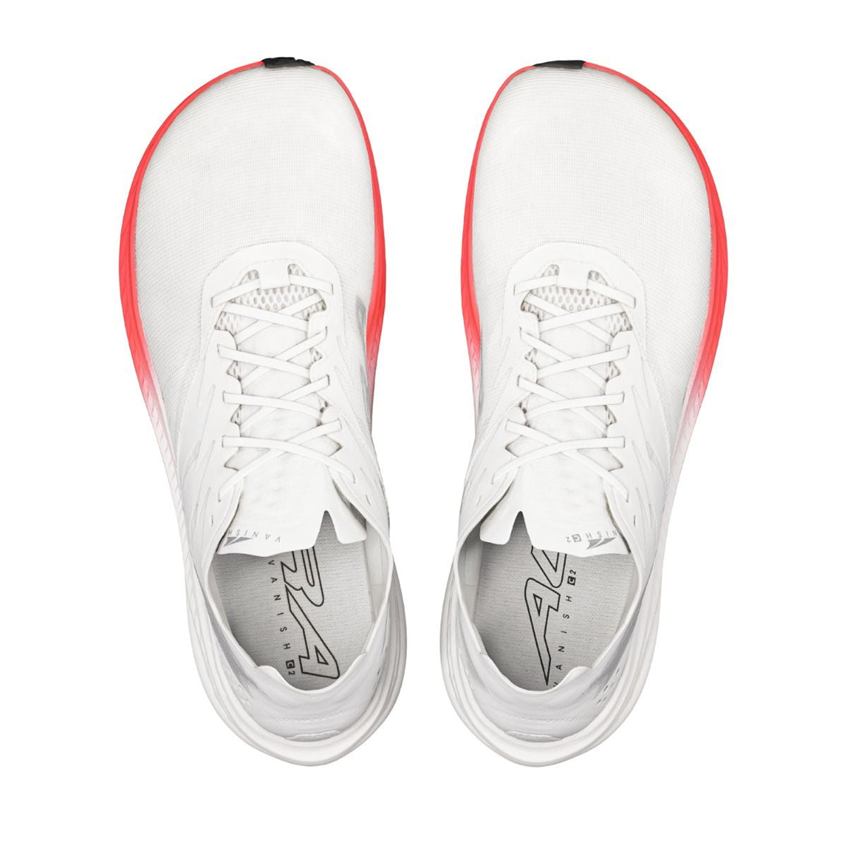 Men's Altra Vanish Carbon 2 Running Shoes White Red top view showing lightweight breathable mesh upper with FootShape slim toe box for natural toe splay