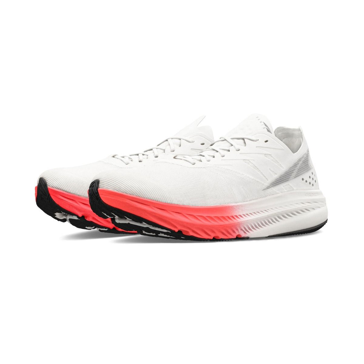 Men's Altra Vanish Carbon 2 Running Shoes White Red angled side view of pair showing full-length carbon fibre plate with 32% lighter Altra EGO PRO foam and 75% improved flexibility for zero drop racing