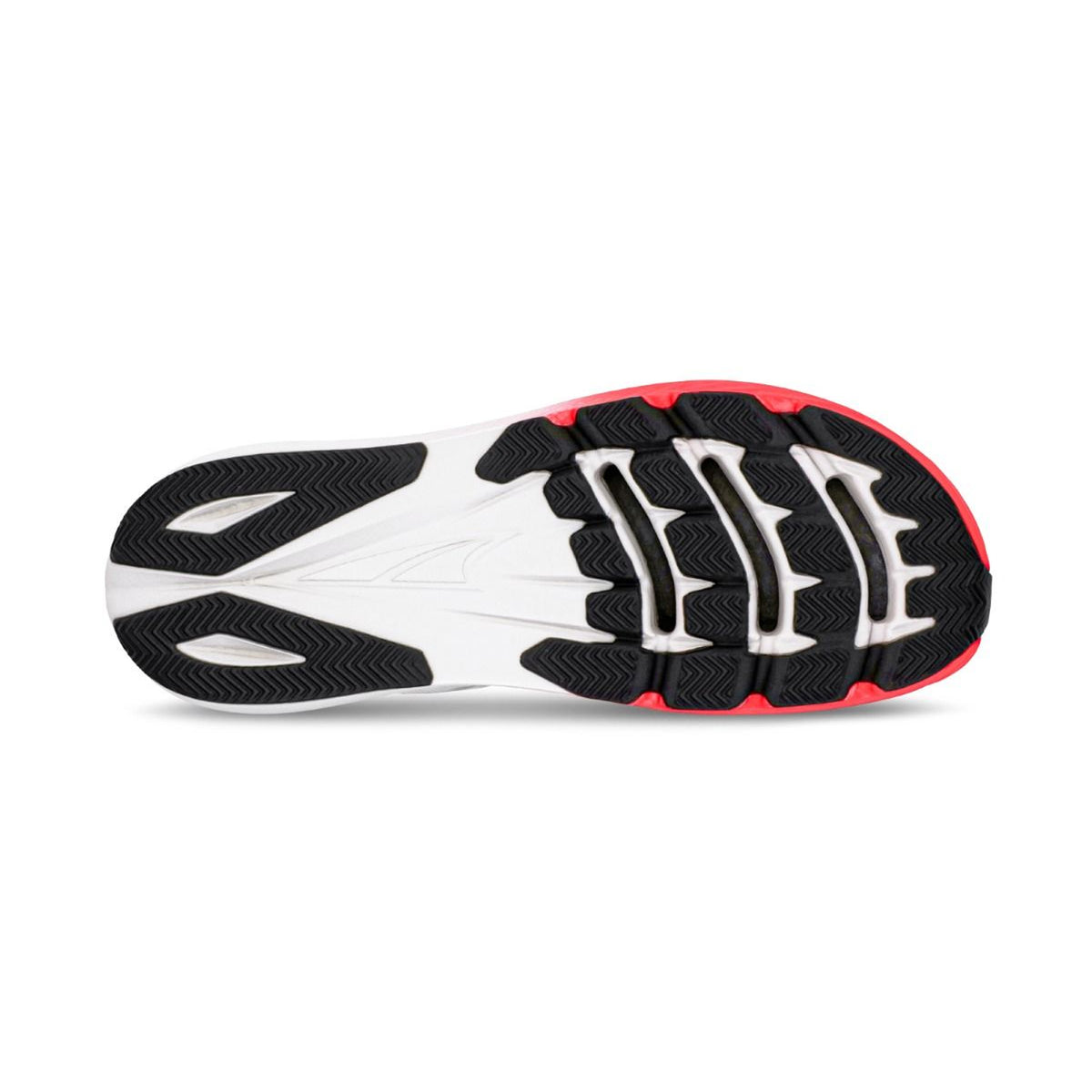 Men's Altra Vanish Carbon 2 Running Shoes White Red sole view displaying rubber outsole with flex grooves for 75% improved flexibility during racing
