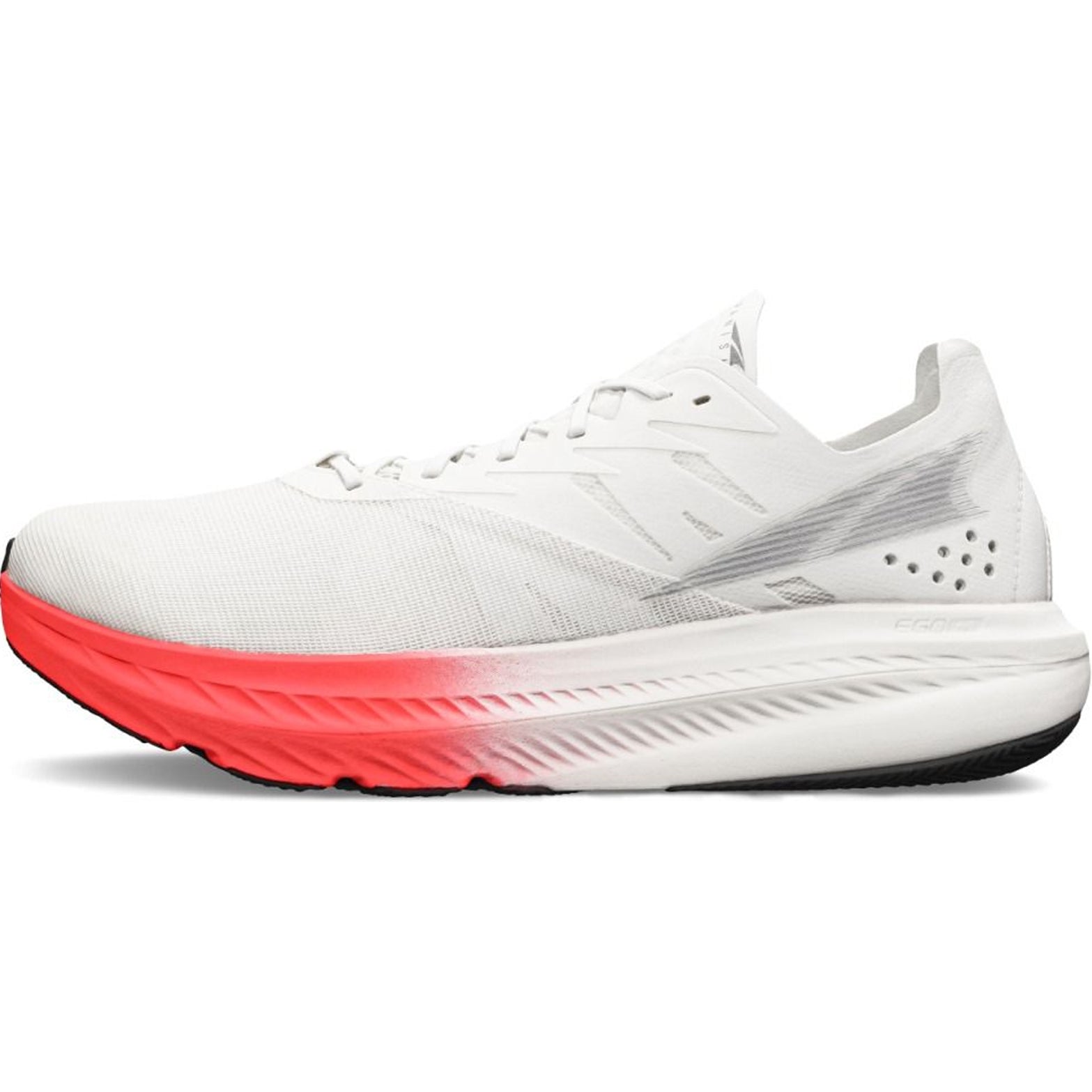 Men's Altra Vanish Carbon 2 Running Shoes White Red inner side view showing zero drop platform with carbon plate and 32% lighter Altra EGO PRO midsole foam