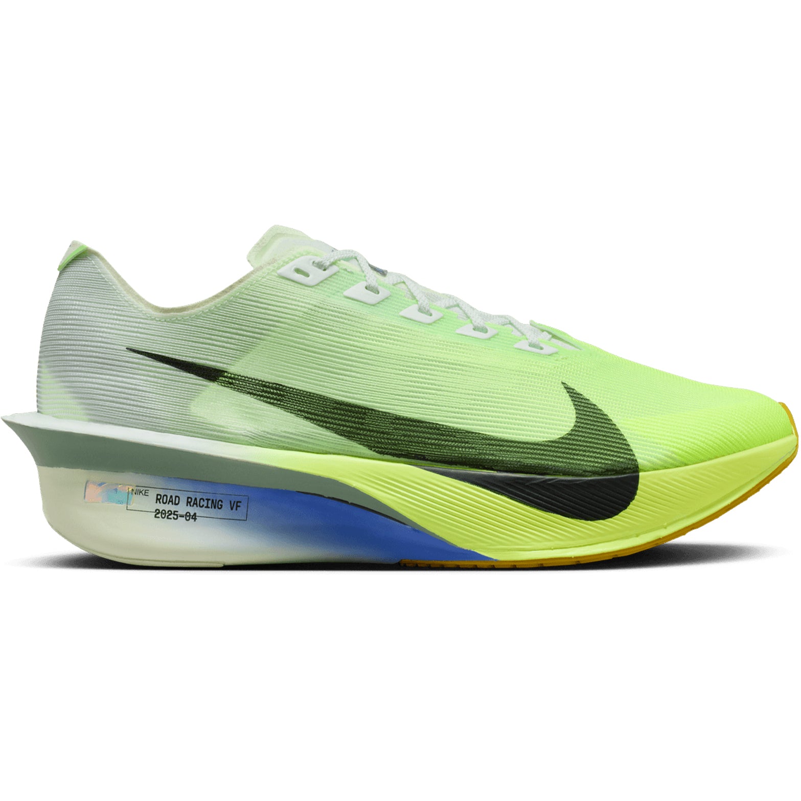 Men's Nike Vaporfly 4 Running Shoes Green Blue outer side view showing full-length carbon fibre Flyplate with optimised ZoomX foam and reduced weight construction