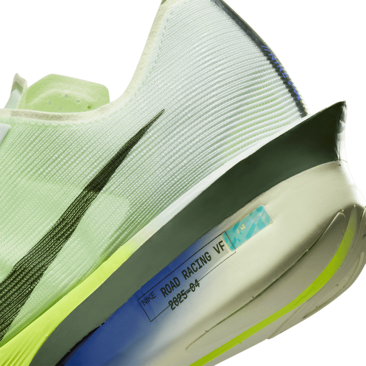 Men's Nike Vaporfly 4 Running Shoes Green Blue angled side and heel view showing increased plate angle, optimised ZoomX foam and lightweight racing construction