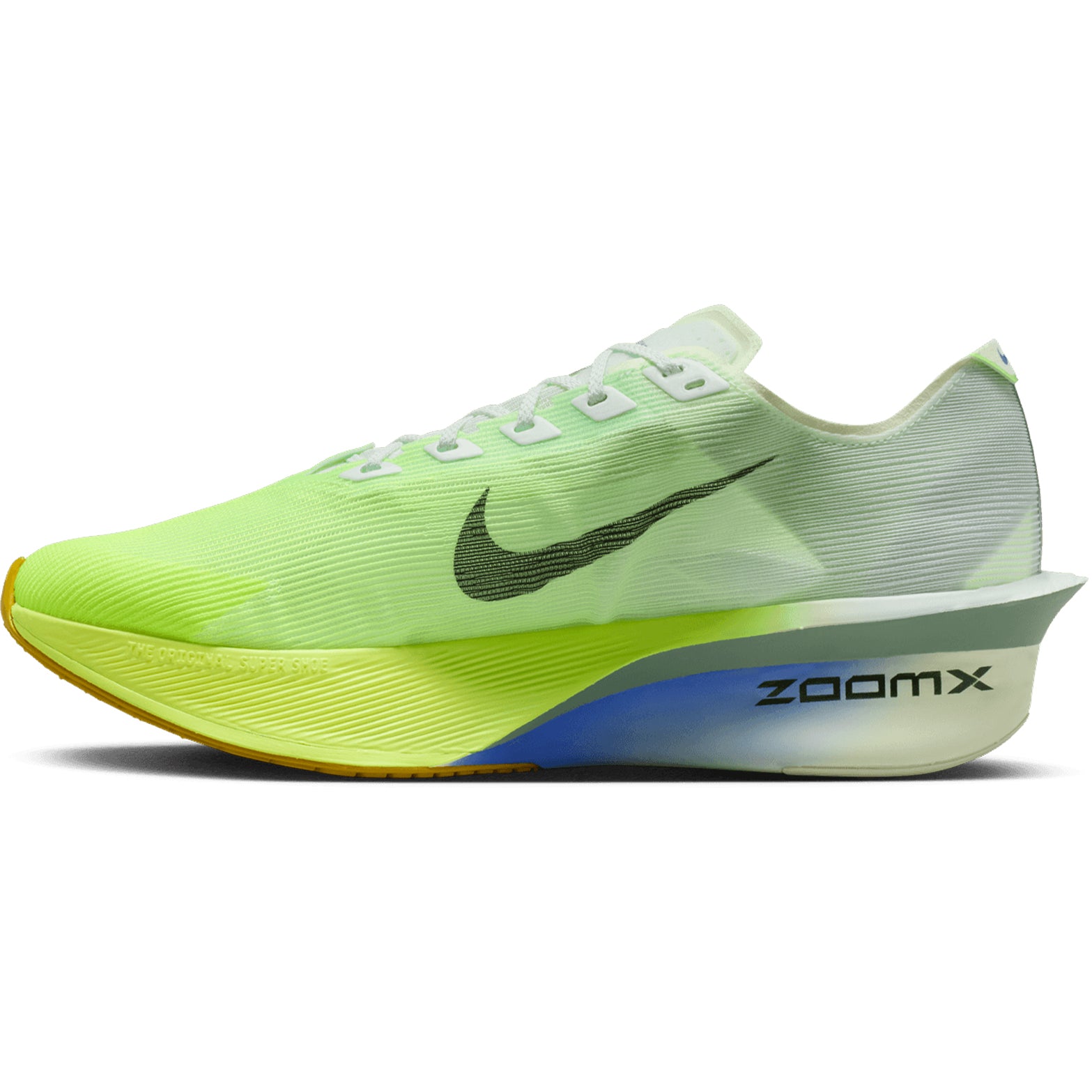 Men's Nike Vaporfly 4 Running Shoes Green Blue inner side view showing ZoomX energy return foam, carbon Flyplate and lower heel-to-toe drop