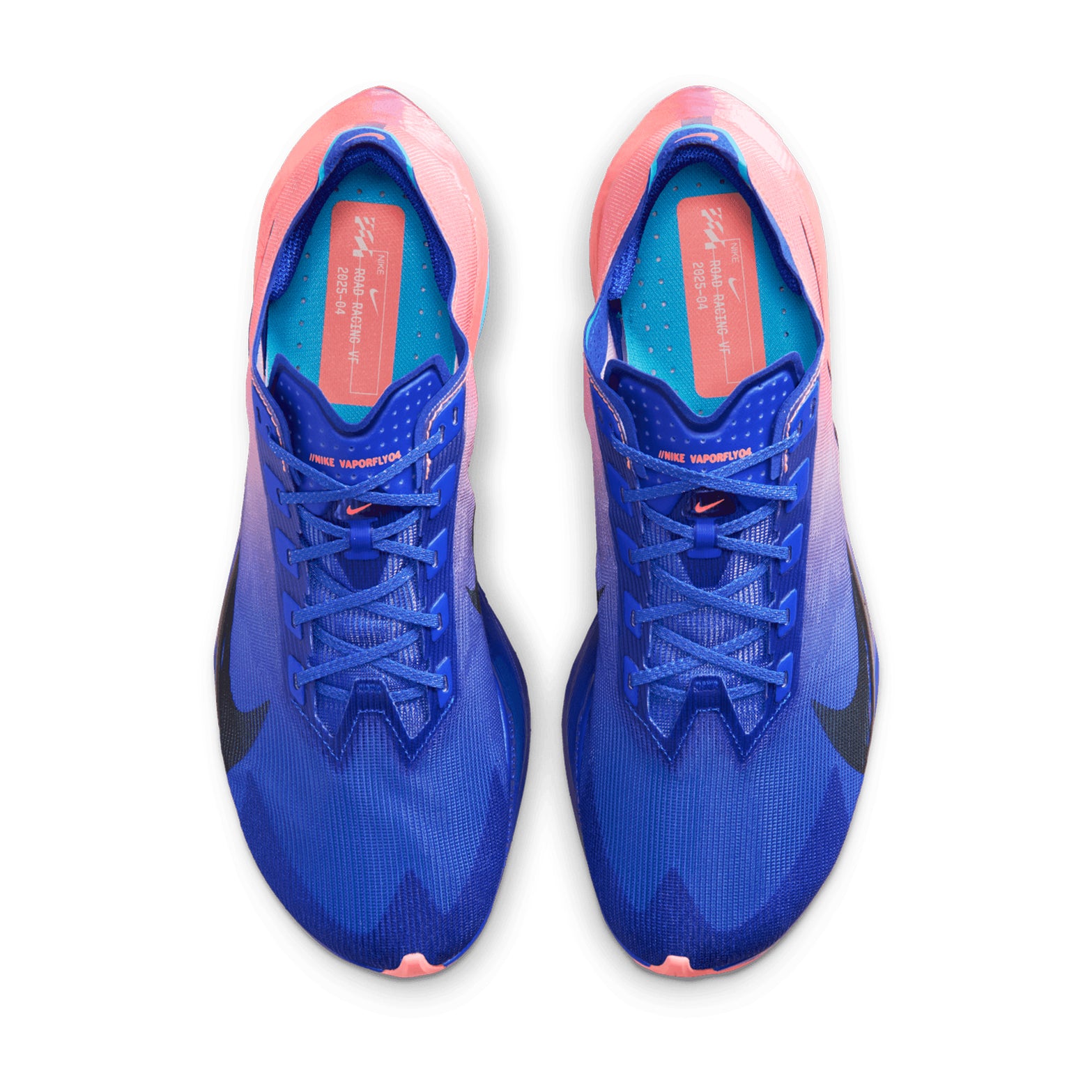 Men's Nike Vaporfly 4 Running Shoes Racer Blue Blue Lightning Atomic Pink White top view showing lightweight engineered mesh upper with reduced heel and tongue dimensions for minimal weight race day construction