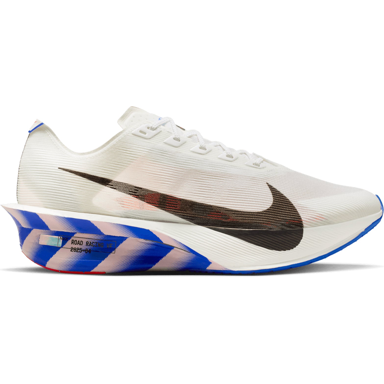 Nike Vaporfly 4 men's running shoe in White / Racer Blue / Silt Red / Black — outer view showing white engineered mesh upper with racer blue and silt red accent detailing, black contrast and full-length carbon fibre Flyplate ZoomX midsole profile