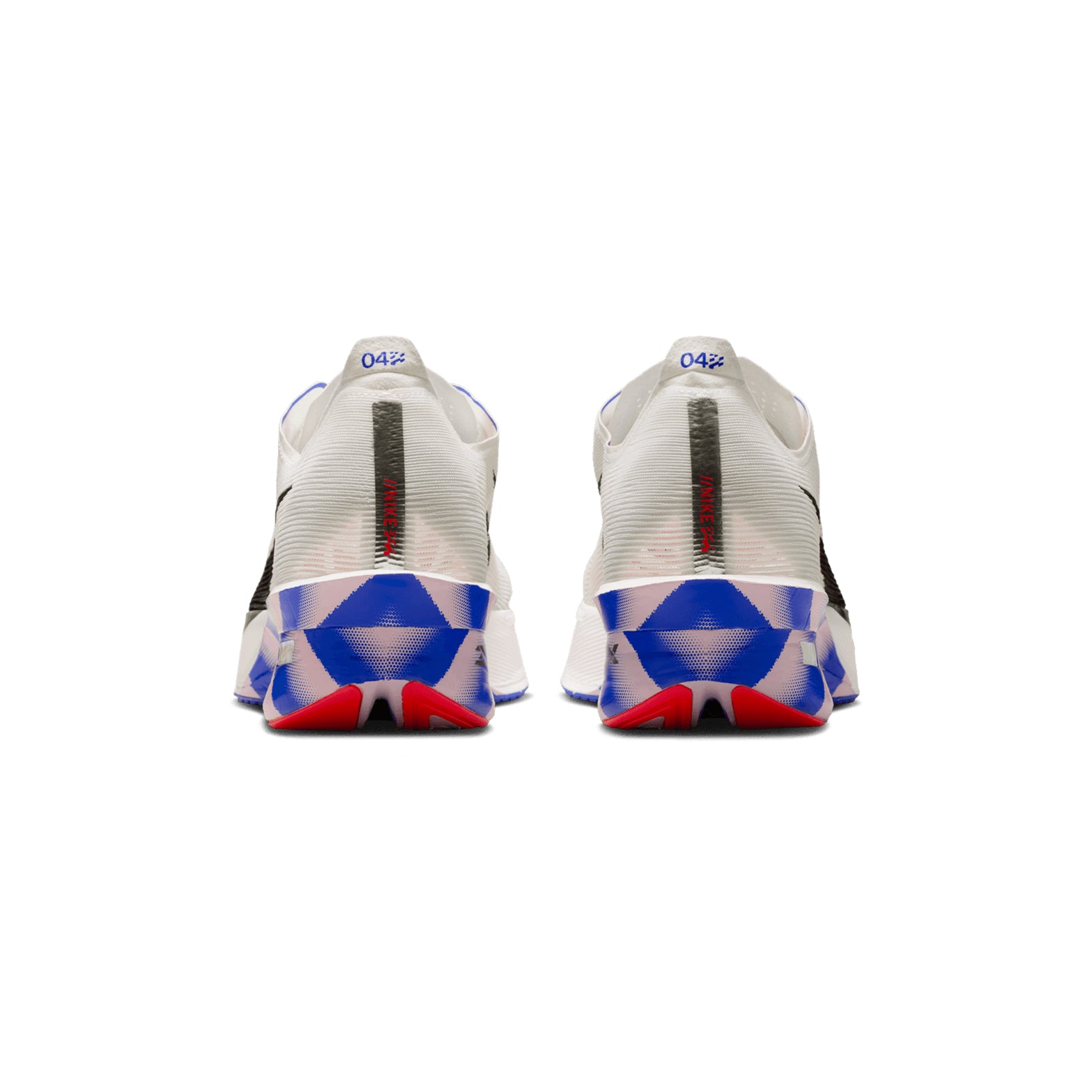 Nike Vaporfly 4 men's running shoe in White / Racer Blue / Silt Red / Black — heel view showing reduced heel dimension, black detailing and racer blue ZoomX foam midsole contrast with strategic bulging geometry
