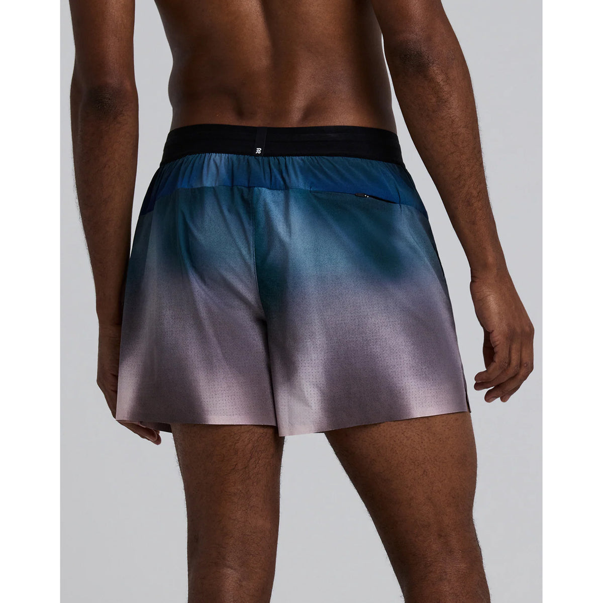 Bandit Vento™ 5 Inch Run Shorts men's in Flow State Aegean Multi — back view worn on model showing back zip pocket, bonded cutaway split and flow state aegean multi Vento™ four-way stretch fabric