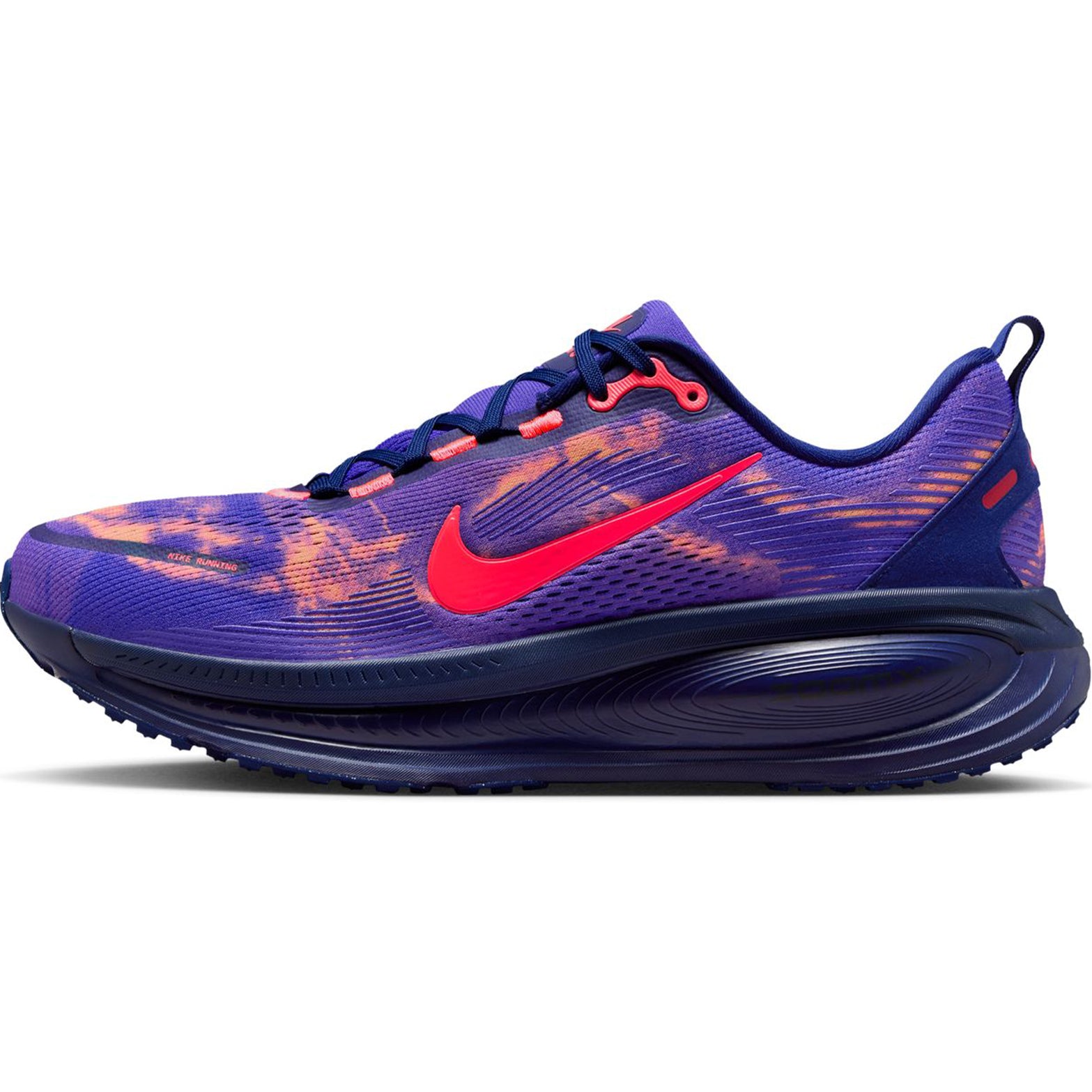 Men's Nike Vomero 18 Running Shoes Indigo Burst Blue Void Orange Pulse Hot Lava inner side view showing dual-foam construction and engineered mesh upper