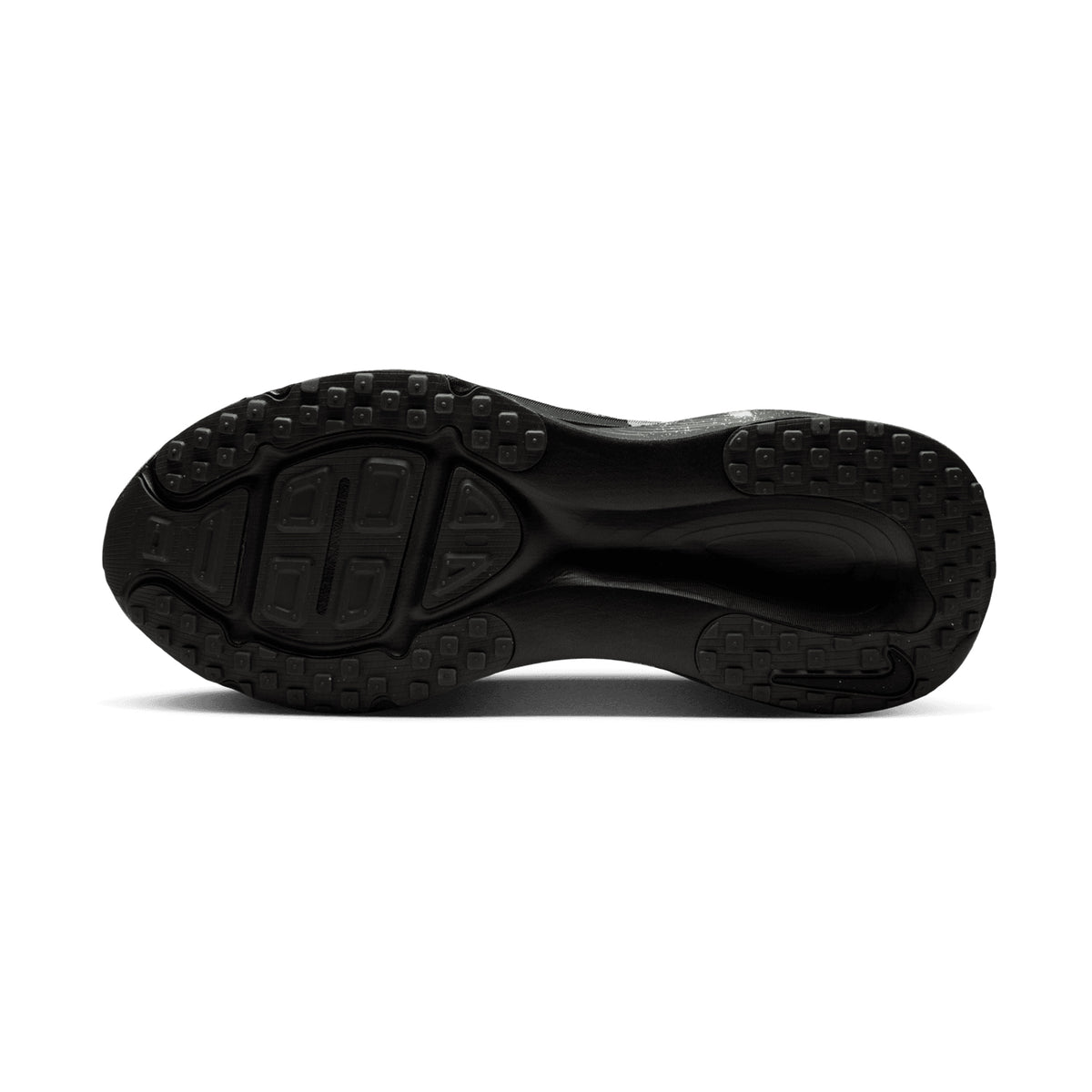 Nike Vomero 18 men's running shoe in Iron Grey / Black / Light Smoke Grey — outsole view showing redesigned traction pattern, strategic outsole pods and light smoke grey ReactX midsole stack