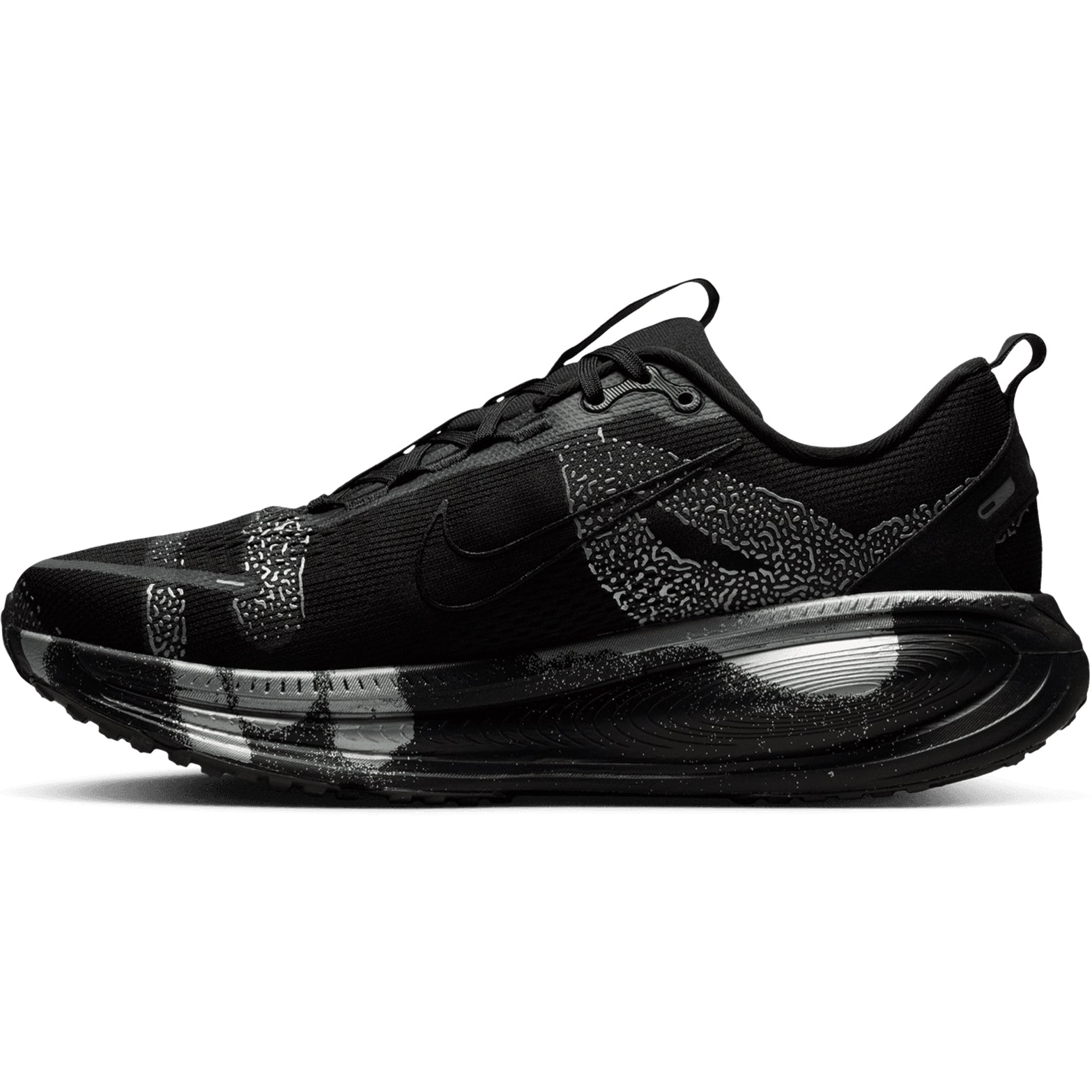Nike Vomero 18 men's running shoe in Iron Grey / Black / Light Smoke Grey — inner view showing iron grey engineered mesh upper, light smoke grey midsole detailing and strategic outsole pod construction
