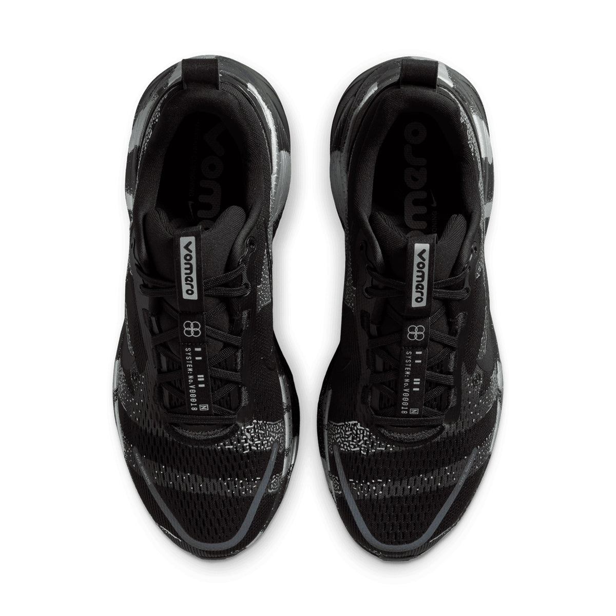 Nike Vomero 18 men's running shoe in Iron Grey / Black / Light Smoke Grey — top-down view showing iron grey engineered mesh upper, plush tongue construction and lace closure with black detailing