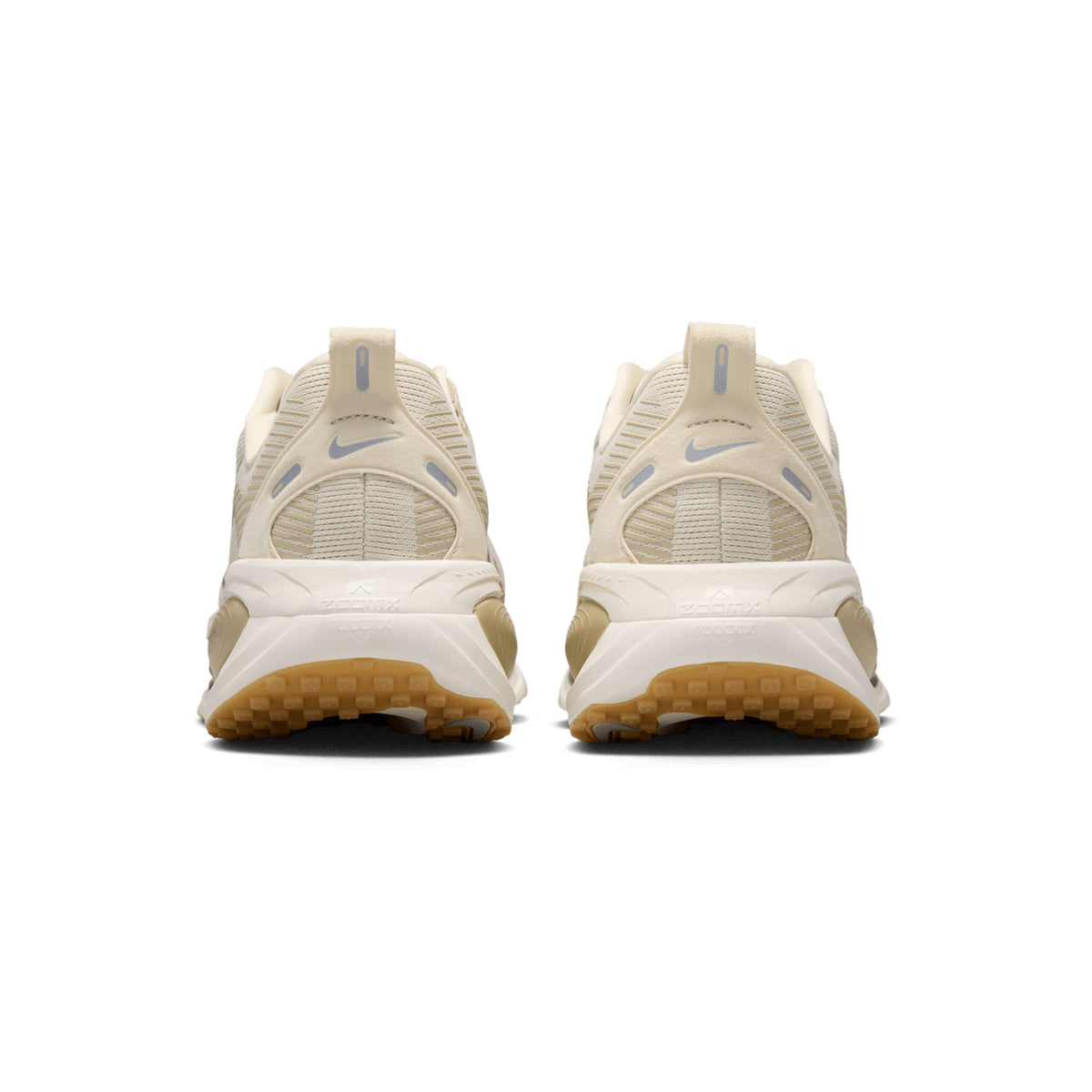 Men's Nike Vomero 18 Running Shoes Light Khaki Desert Khaki Sail Metallic Silver heel view showing dual-density ZoomX over ReactX foam stack for plush protected maximum cushioned daily running