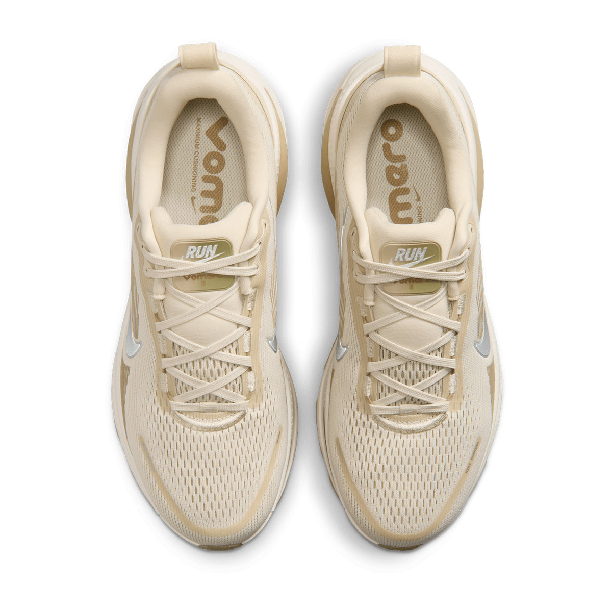 Men's Nike Vomero 18 Running Shoes Light Khaki Desert Khaki Sail Metallic Silver top view showing engineered mesh upper with plush tongue for soft breathable everyday road running