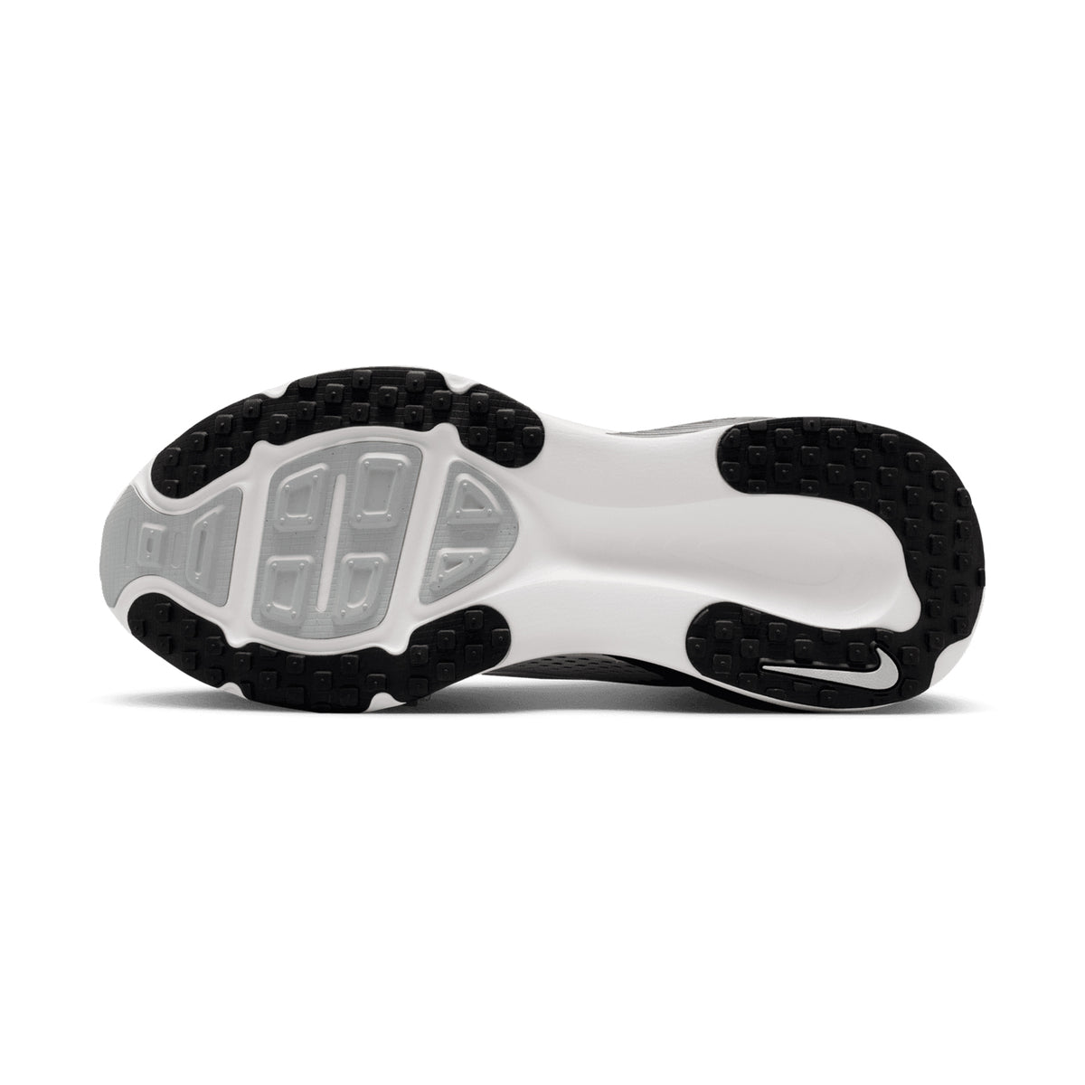 Nike Vomero 18 men's running shoe in Summit White / Black / Off White / Metallic Silver — outsole view showing redesigned traction pattern, strategic outsole pods and off white ReactX midsole stack