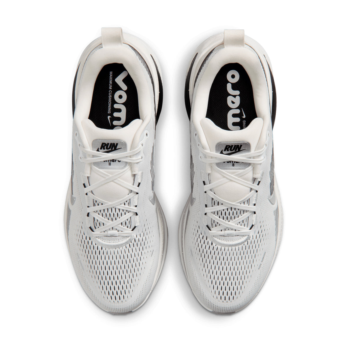 Nike Vomero 18 men's running shoe in Summit White / Black / Off White / Metallic Silver — top-down view showing summit white engineered mesh upper, plush tongue construction and lace closure with black detailing