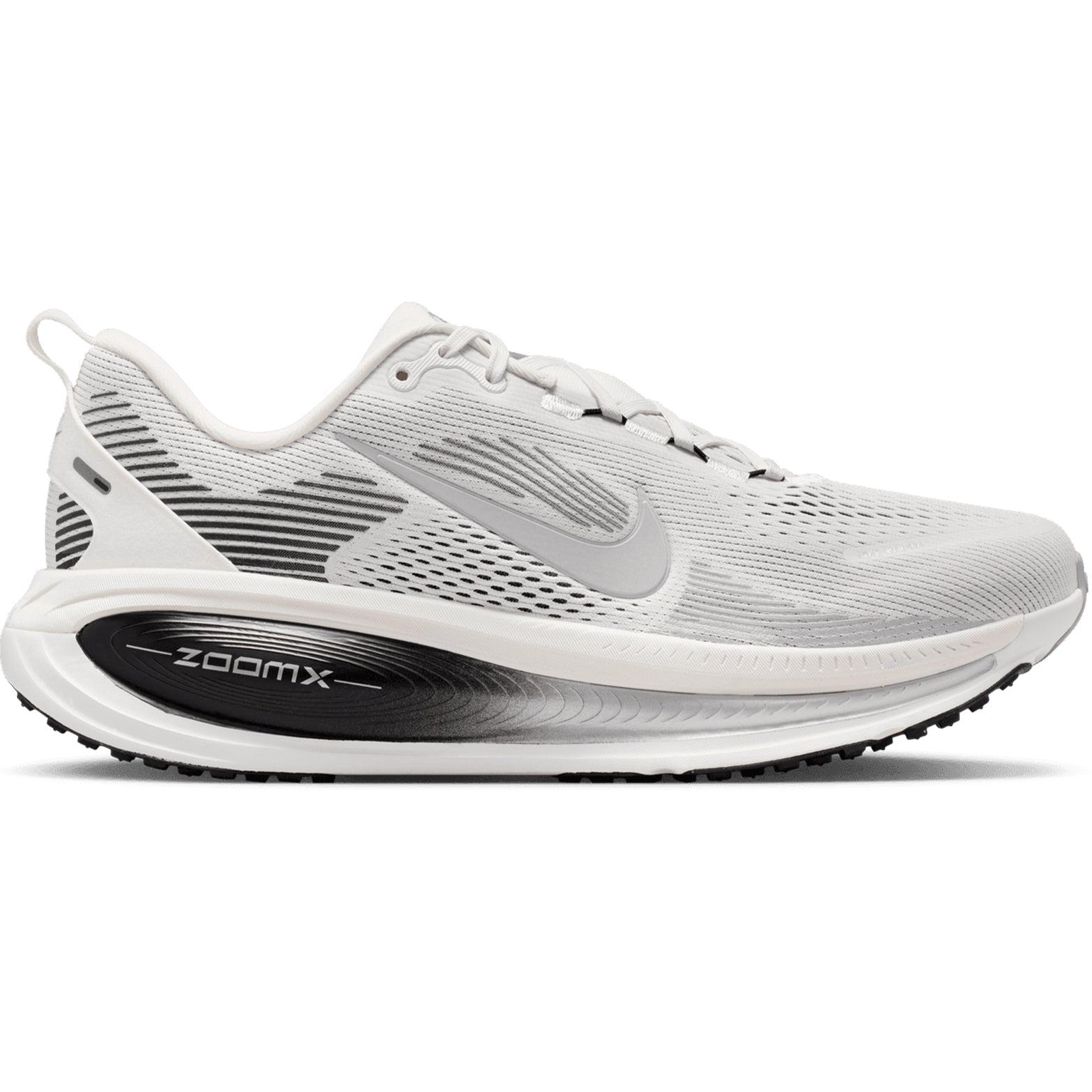 Nike Vomero 18 men's running shoe in Summit White / Black / Off White / Metallic Silver — outer view showing summit white engineered mesh upper with black detailing, metallic silver accent and dual-density ZoomX ReactX midsole profile