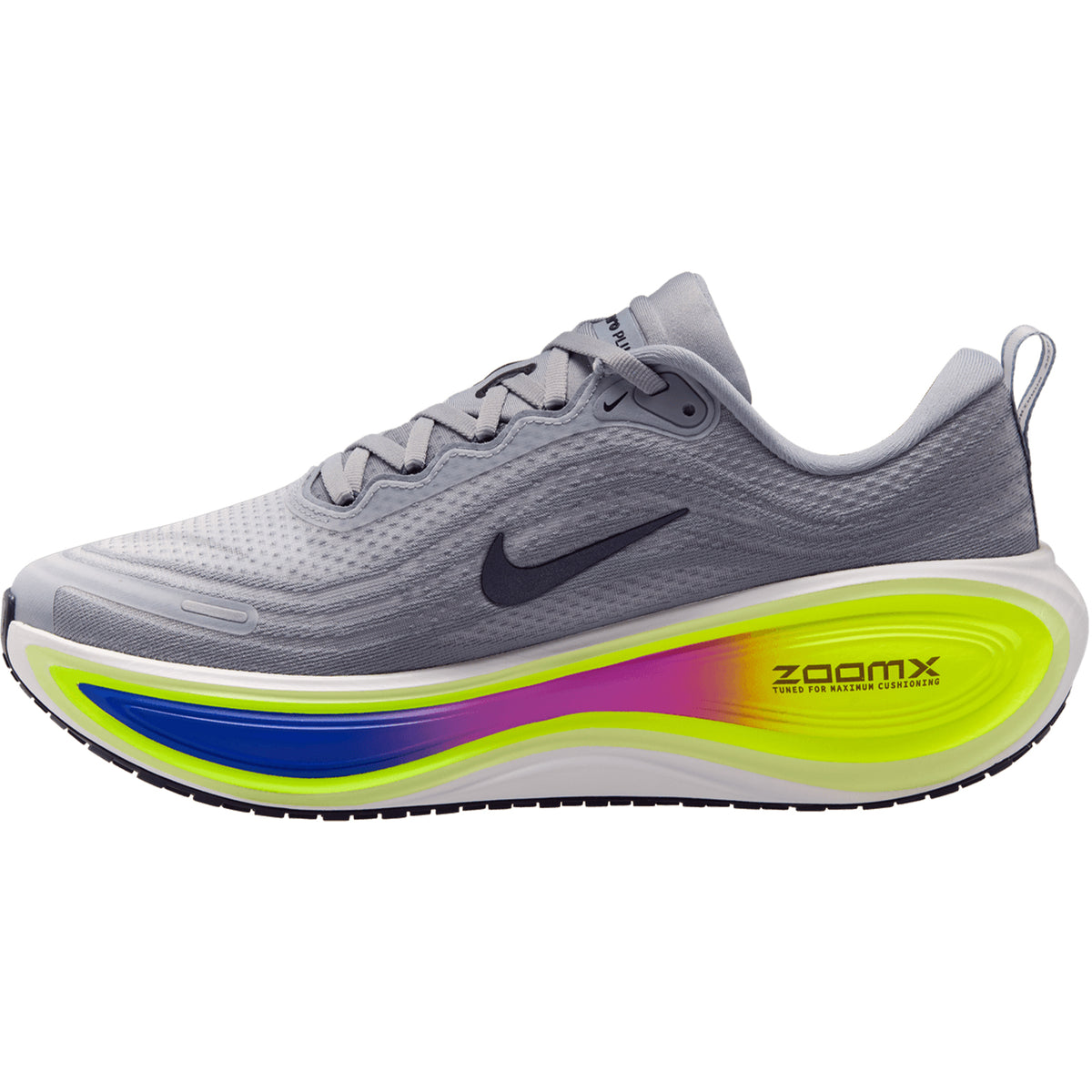 Introducing the Men’s Vomero Plus RSG Running Shoes by Nike in Stealth, Purple Dynasty, and Volt—a stylish running shoe inspired by the iconic Vomero Plus line. Featuring a sleek gray upper with a bold black Swoosh, this model boasts a thick white sole highlighted with dynamic blue, pink, and neon yellow accents. Enhanced ZoomX cushioning ensures maximum comfort and responsiveness on every run.