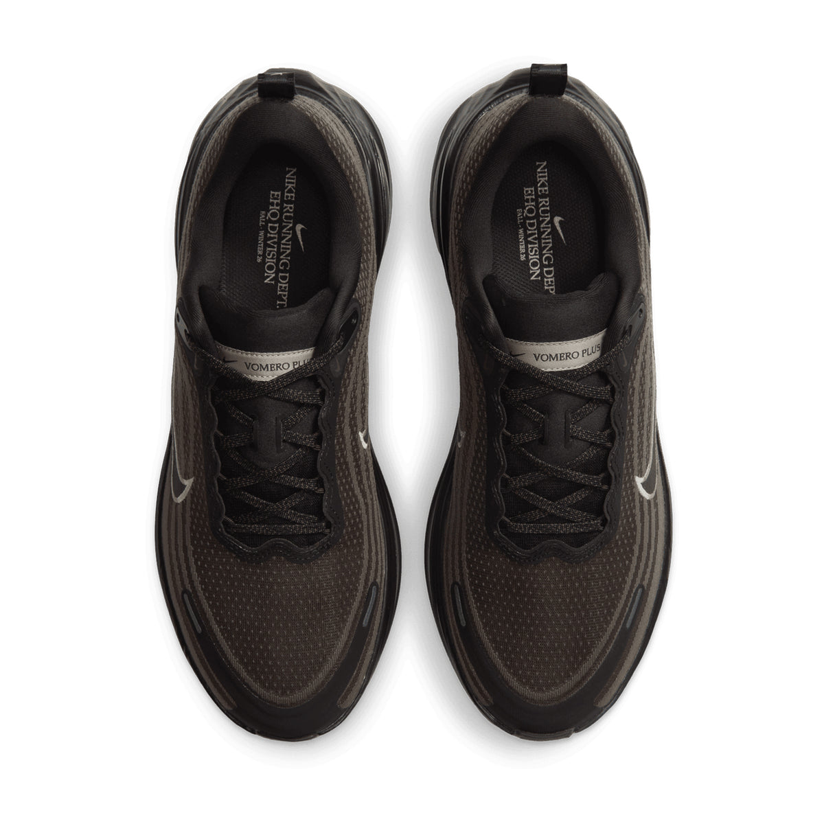 Top-down view of Men’s Vomero Plus Running Shoes Dark Hazel / Black / Desert Khaki with ZoomX cushioning on the tongues.