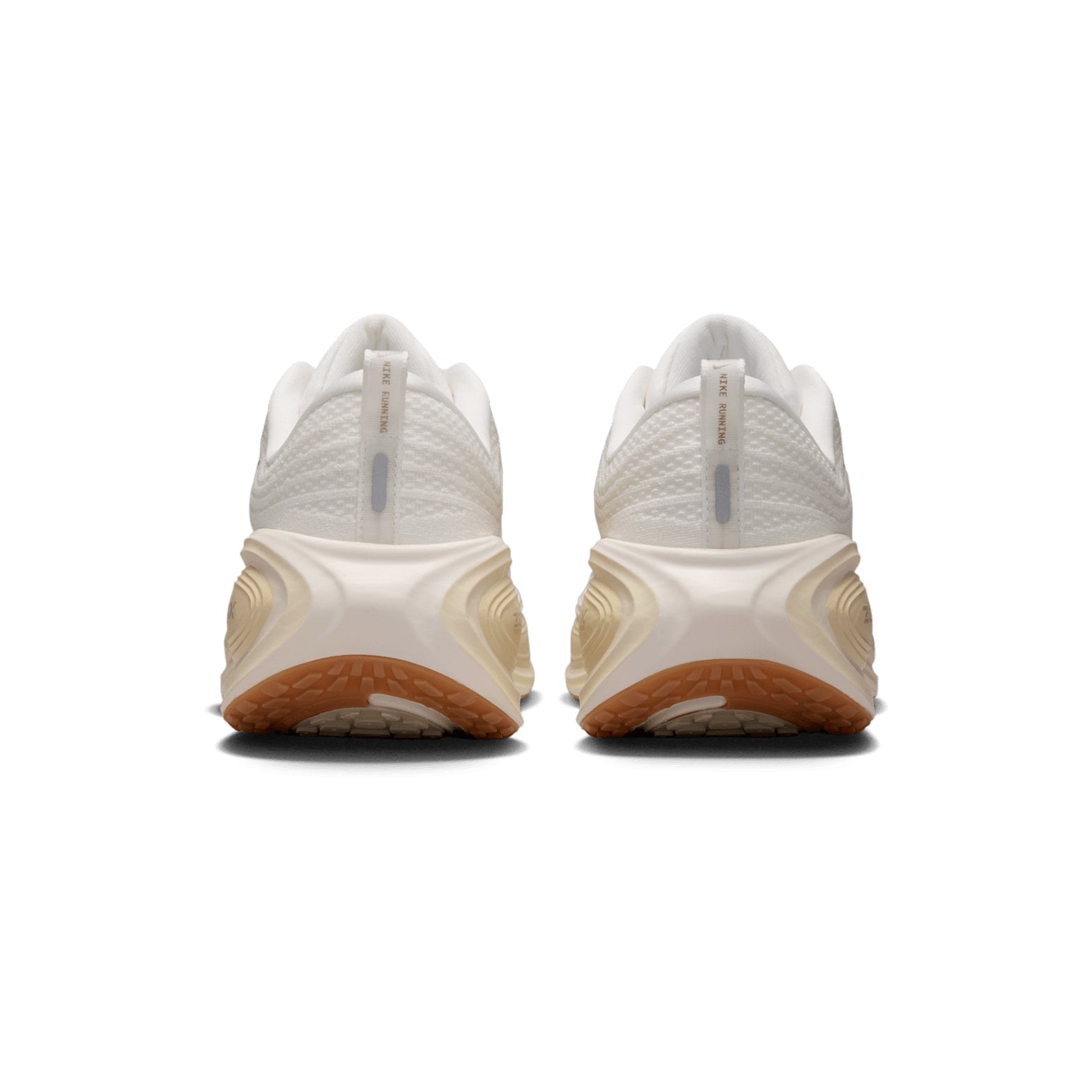Men's Nike Vomero Plus Running Shoes Sail Coconut Milk Light Khaki Metallic Silver heel view showing maximal ZoomX foam stack with 10mm drop and high-abrasion rubber for plush protected daily running