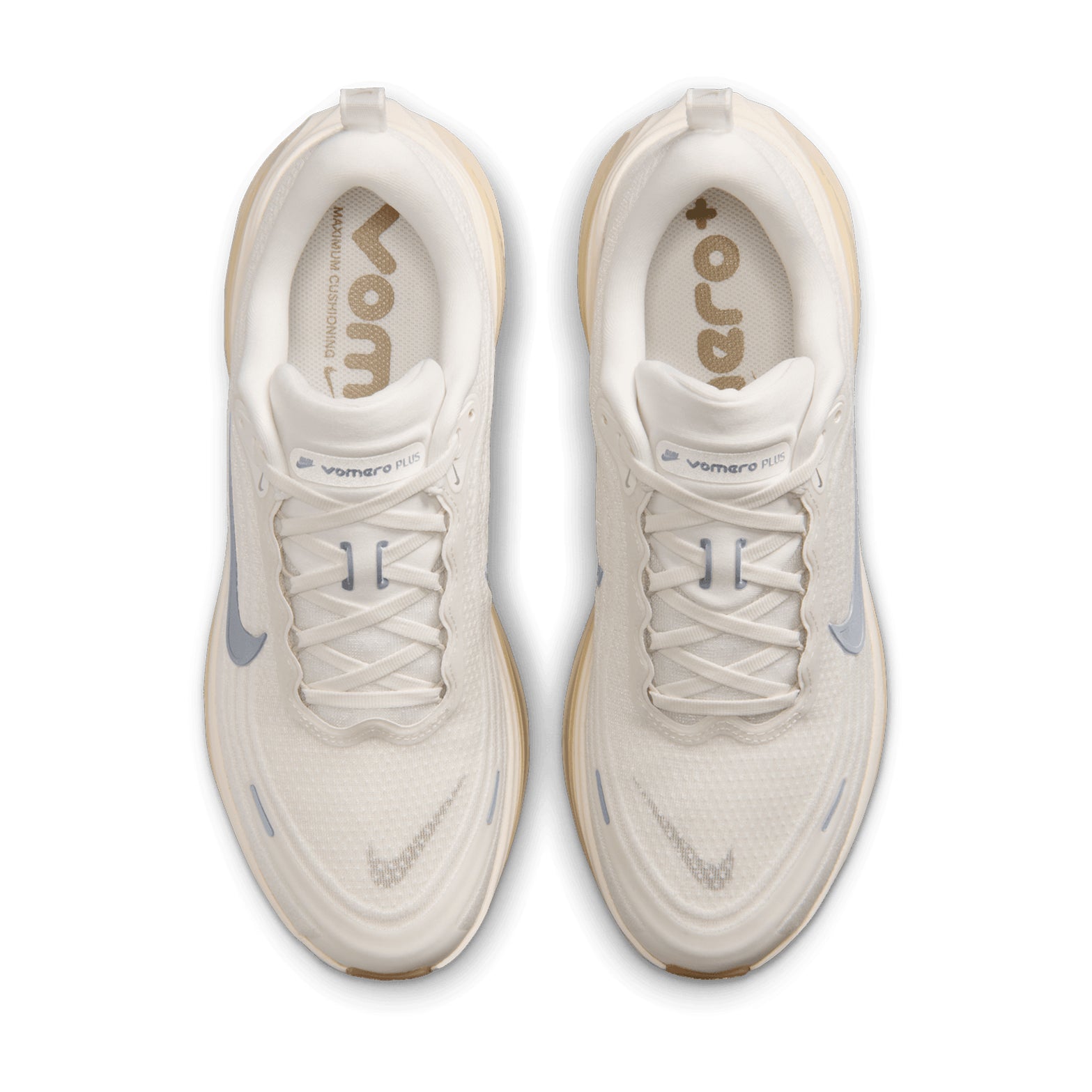 Men's Nike Vomero Plus Running Shoes Sail Coconut Milk Light Khaki Metallic Silver top view showing soft breathable engineered mesh upper with webbed lace loops for lightweight comfortable daily running