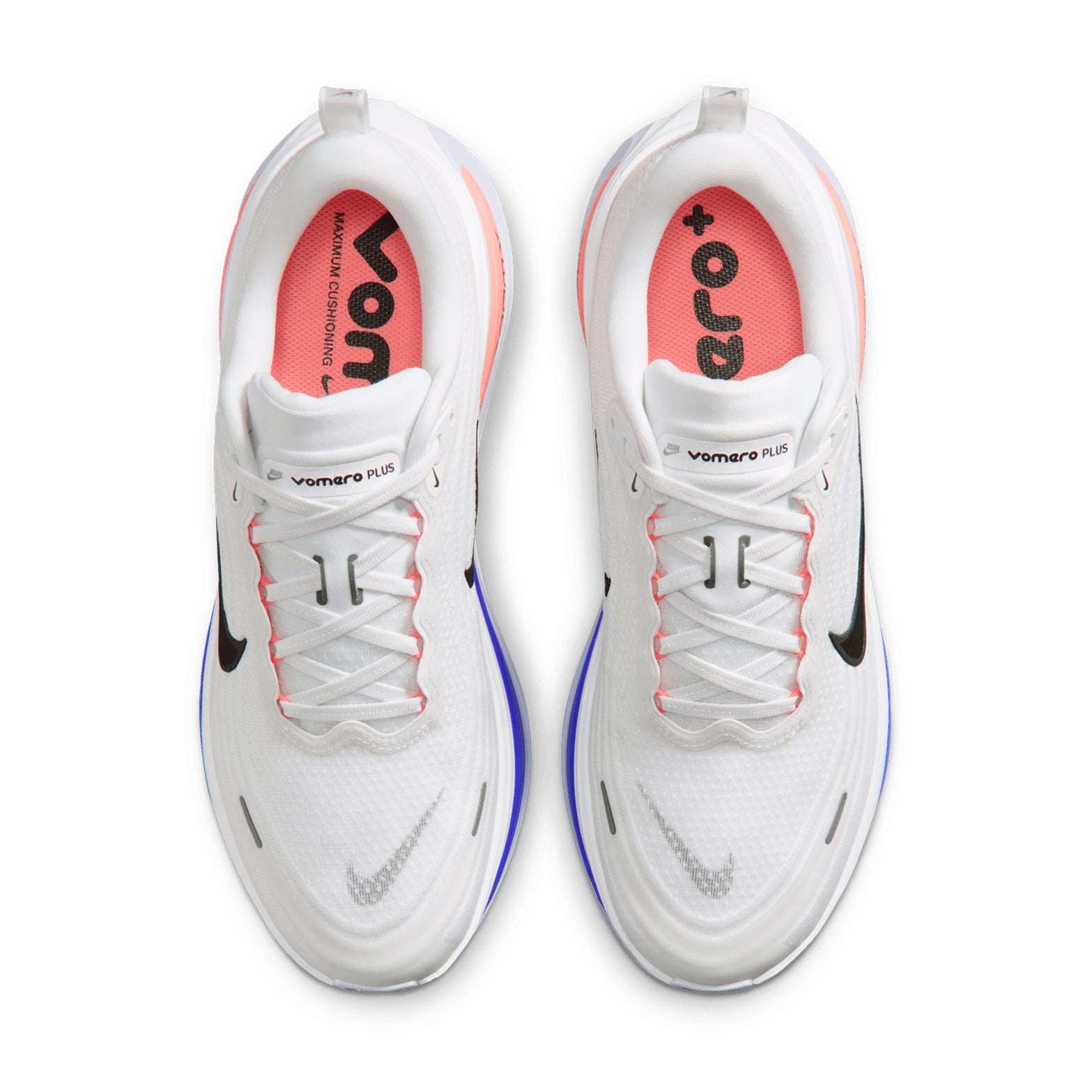 Men's Nike Vomero Plus Running Shoes White Atomic Pink Racer Blue Black top view showing soft breathable engineered mesh upper with webbed lace loops for lightweight comfortable daily running