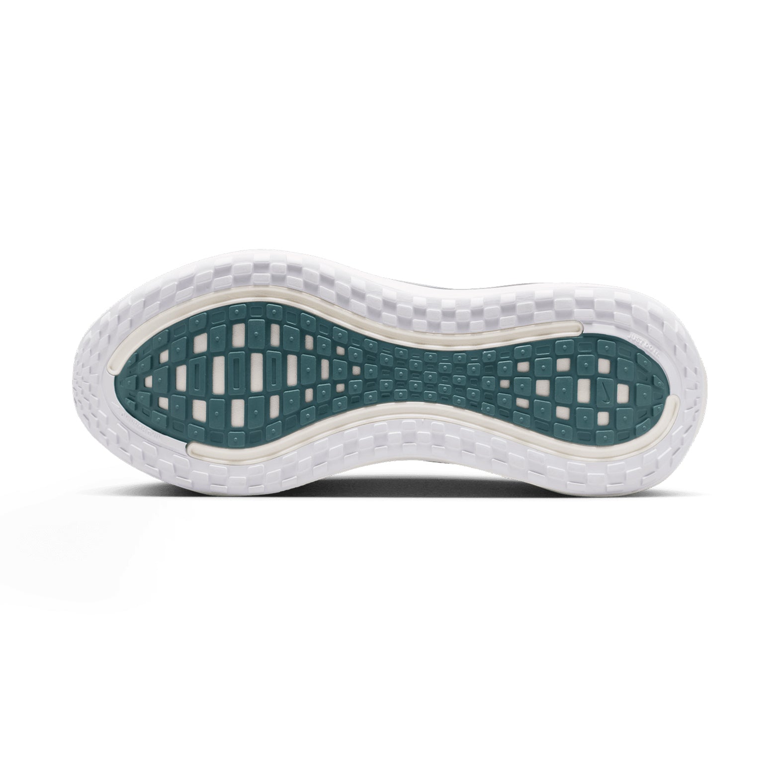 Nike Vomero Plus men's running shoe in White / Black / Mineral Slate / Hyper Pink — outsole view showing high-abrasion rubber tread pattern in key wear zones and white full-length ZoomX foam midsole stack