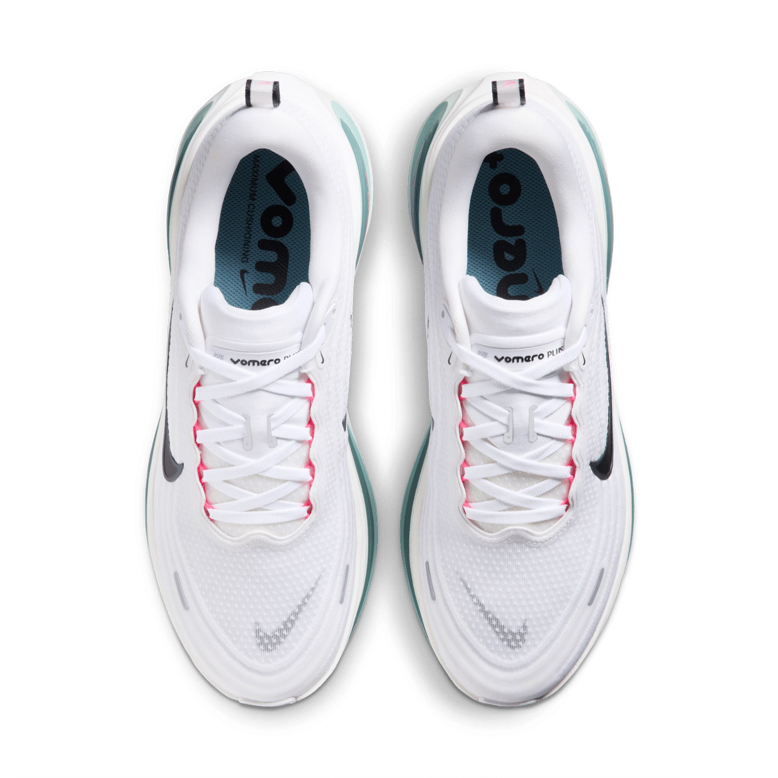 Nike Vomero Plus men's running shoe in White / Black / Mineral Slate / Hyper Pink — top-down view showing white engineered mesh upper, webbed lace loop system and lace closure with black and mineral slate detailing