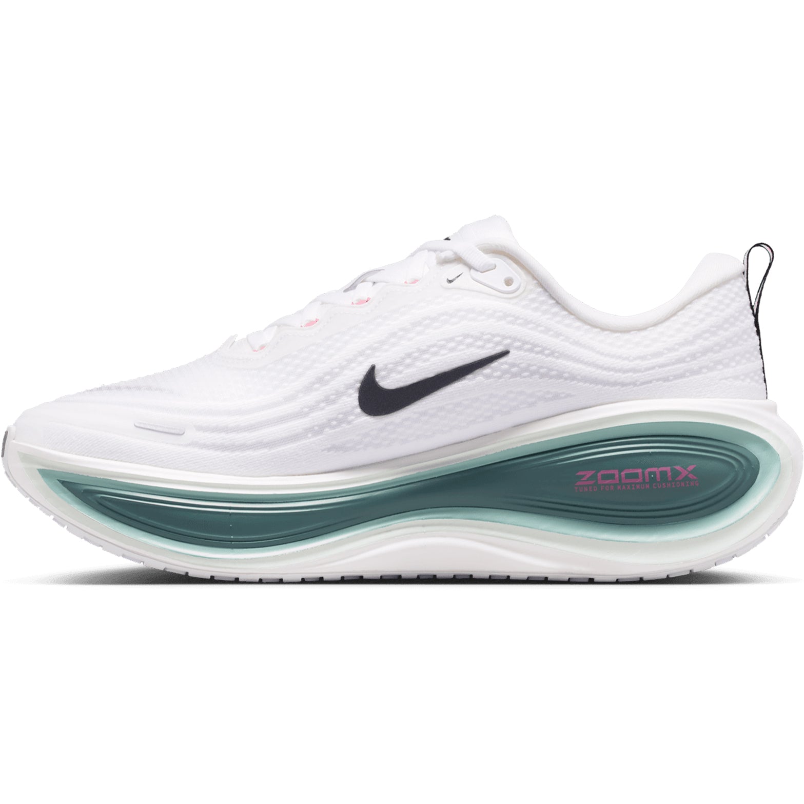 Nike Vomero Plus men's running shoe in White / Black / Mineral Slate / Hyper Pink — inner view showing white engineered mesh upper, hyper pink midsole detailing, webbed lace loops and high-abrasion rubber outsole construction