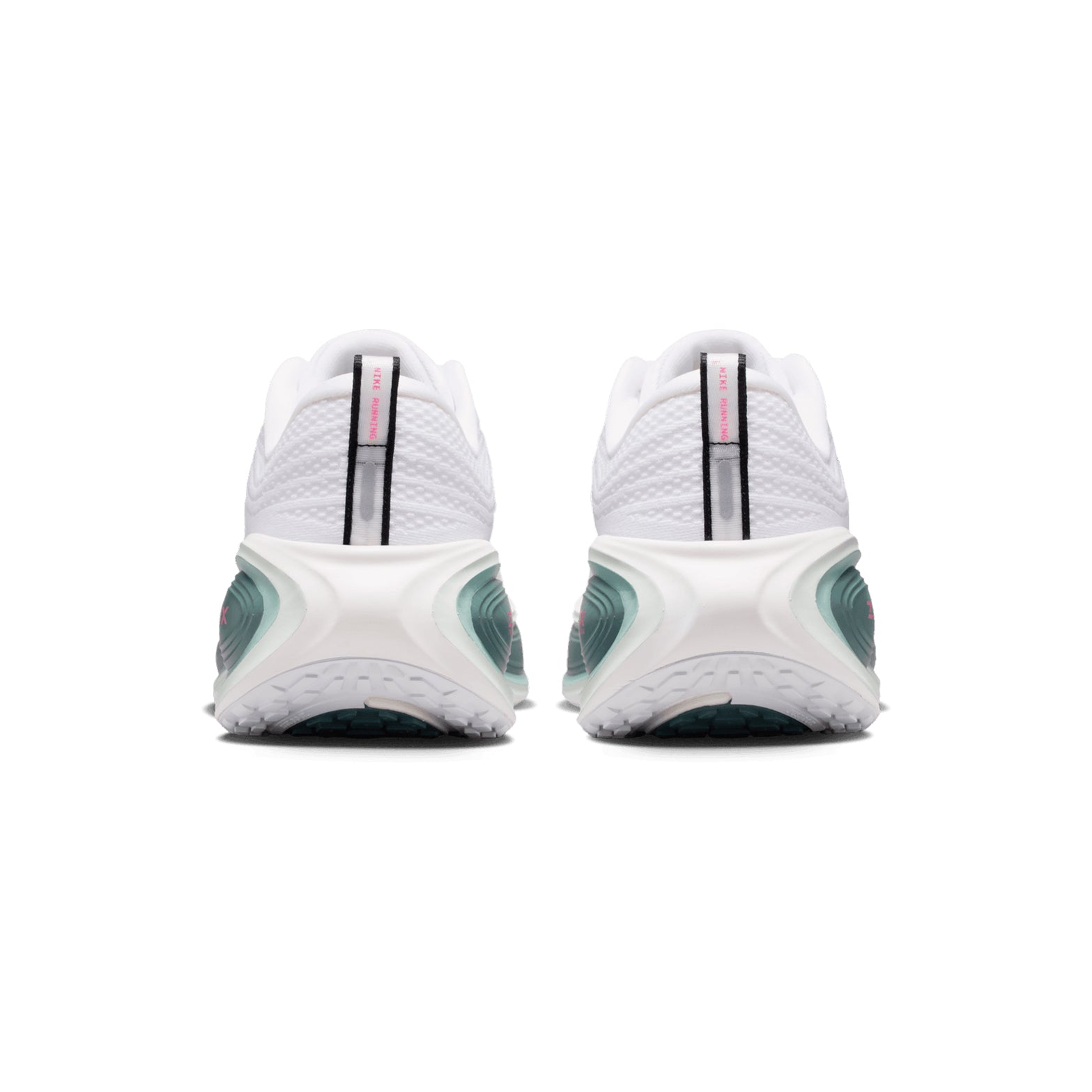 Nike Vomero Plus men's running shoe in White / Black / Mineral Slate / Hyper Pink — heel view showing padded collar construction, mineral slate heel detailing, reflective detail and full-length ZoomX foam midsole contrast